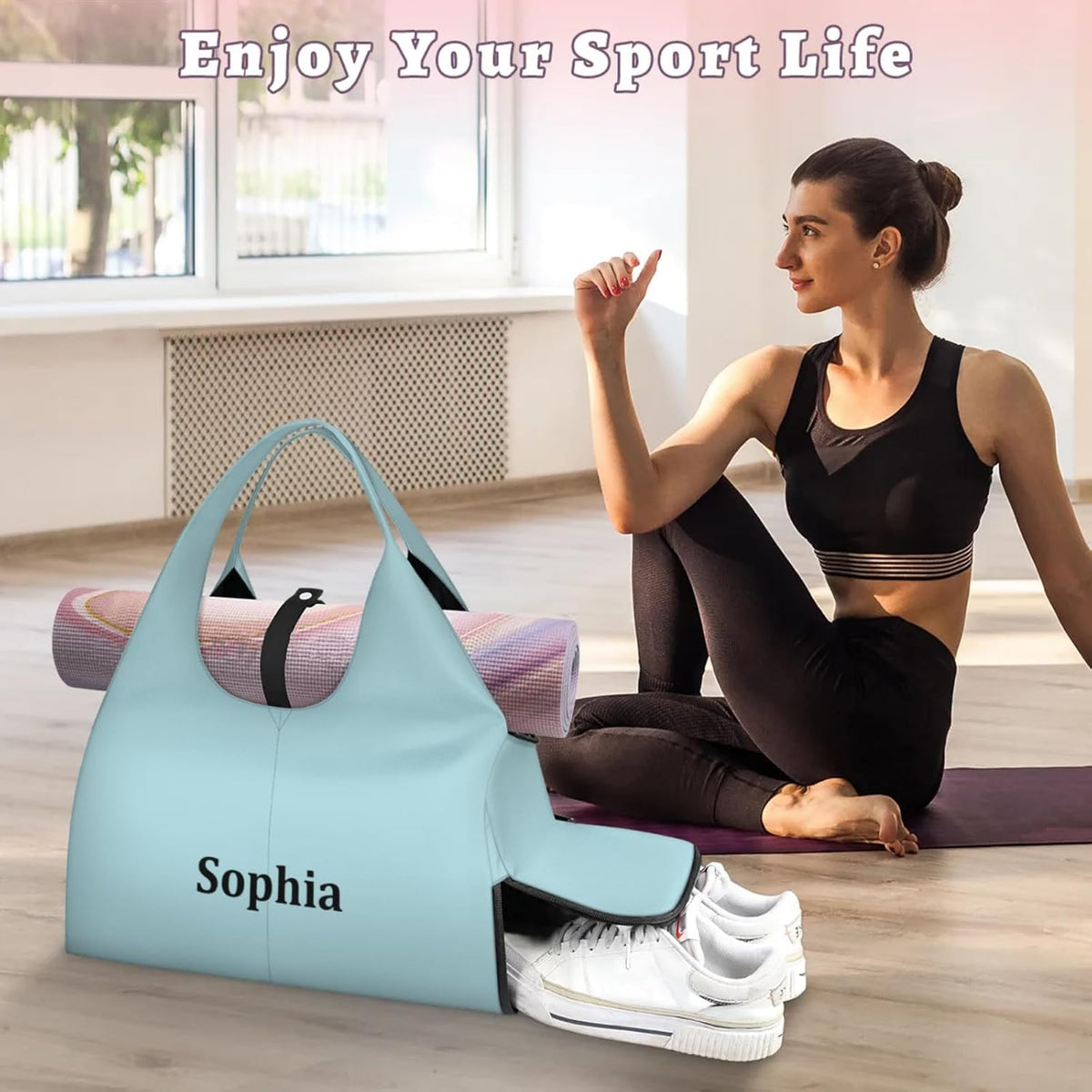 Yoga-Bag Small-Gym-Bag for Women Personalized Beige Yoga-Mat-Bag with Shoe Compartment Gym Accessories for Women