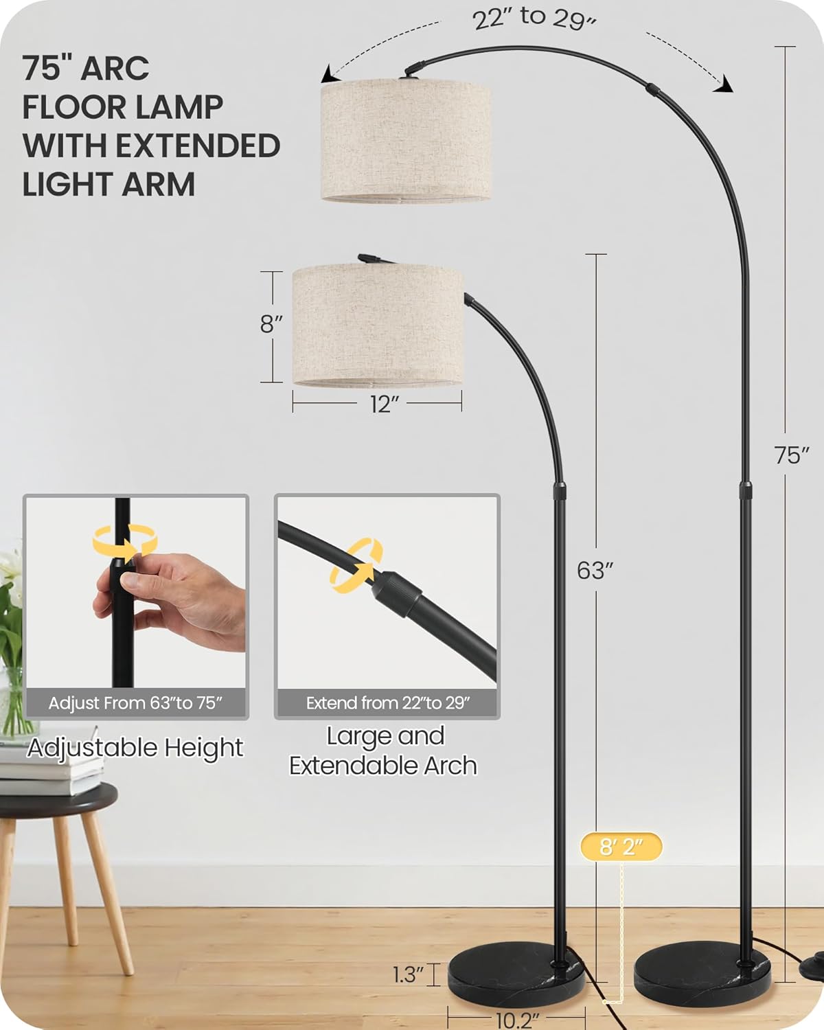 75" Arc Floor Lamp with Marble Base and Adjustable Height, Rotating Hanging Shade, Dimmable Floor Lamp for Living Room with Remote and Foot Switch, 3CCT, Over Couch Arched Reading Light E15LD05