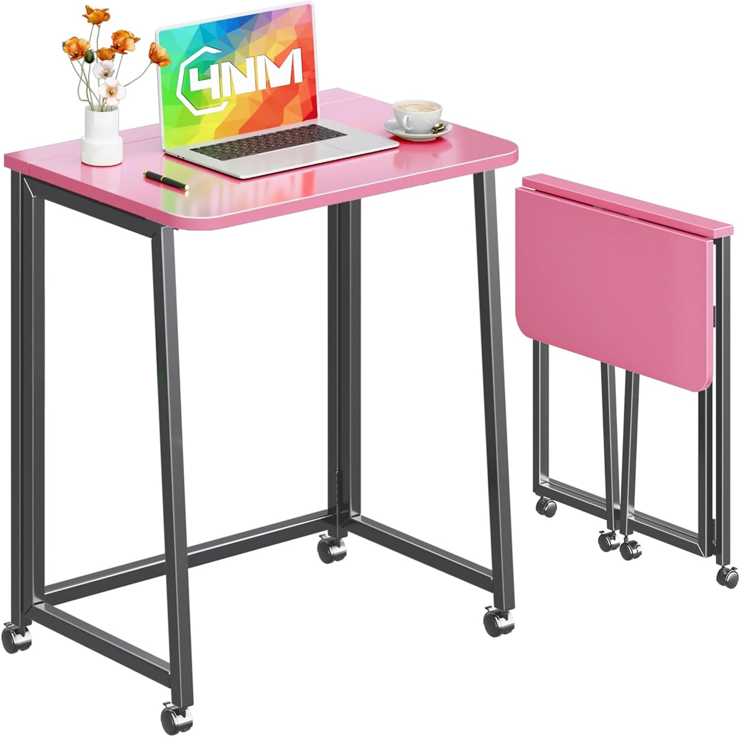 4NM 23.6" Mobile Small Folding Desk, Foldable Rolling Computer Home Office Desk, Study Writing Table for Small Space Saving Bedroom, with Wheels - Pink and Black