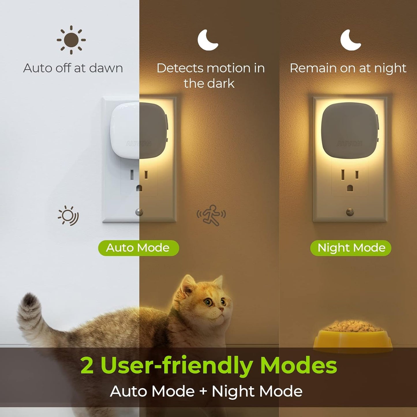 AUVON Plug-in LED Backlit Night Light with Motion Sensor & Dusk to Dawn Sensor, 2200K Soft Warm White Nightlight with 1-50lm Dimmable Brightness for Adults & Kids' Bedroom, Bathroom, Hallway (4 Packs)