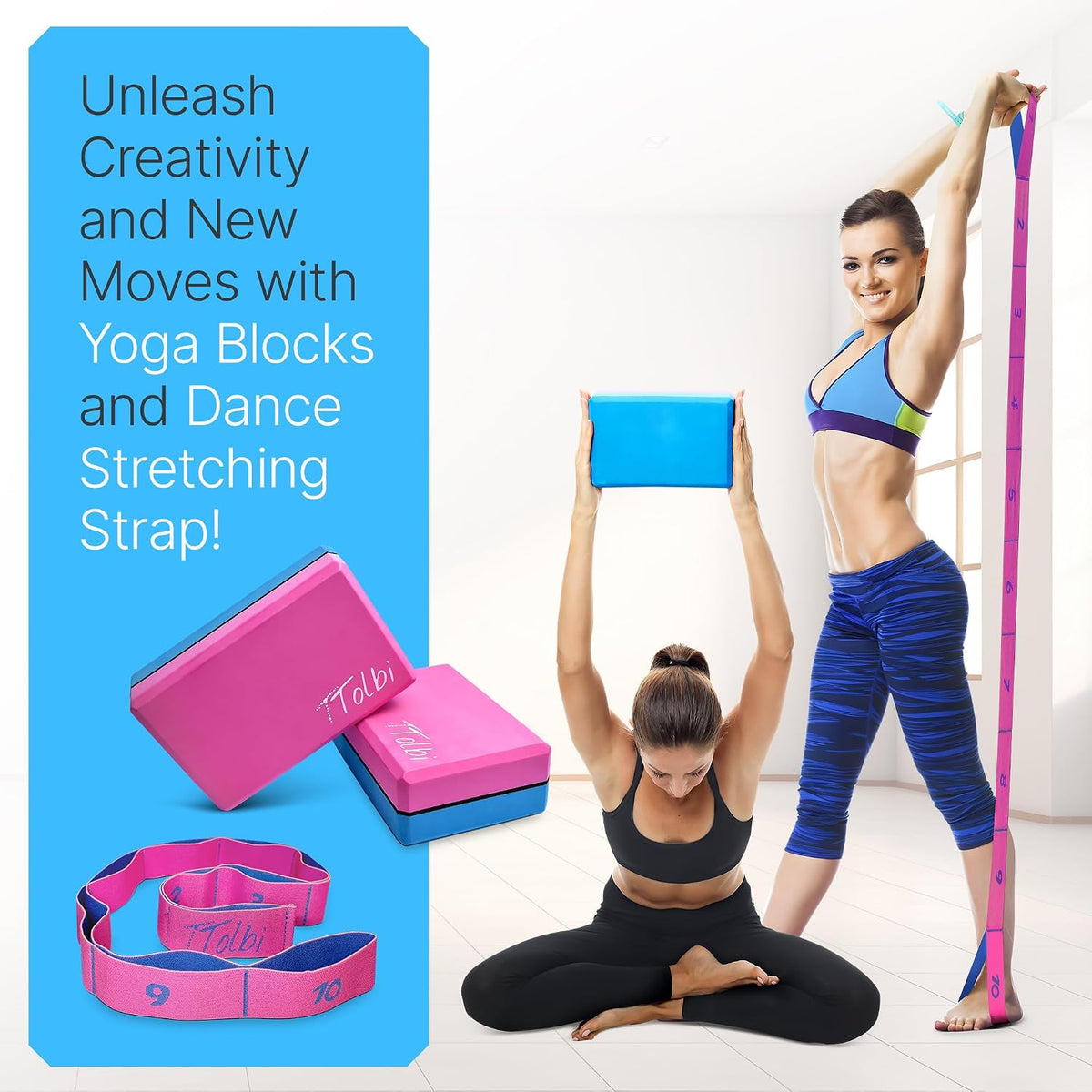 Yoga Blocks 2 Pack with Strap and Guide – Soft Non-Slip EVA Foam Blocks