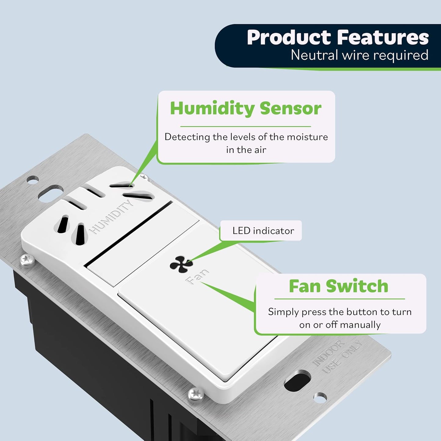TOPGREENER Humidity Sensor Switch for Ventilation Fan, Air Moisture Detection, Bathroom Fan Automated Control, Neutral Wire Required, UL Listed, TDHS5-N, White