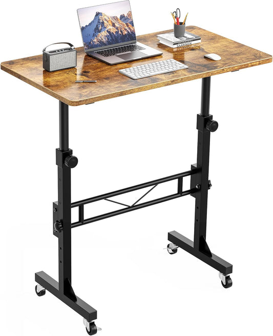 HOMIDEC Standing Desk, 32 Inch Portable Small Desk Adjustable Height, Rolling Home Office Desks with Wheels, Sit Stand Desk for Bedroom Walking Pad Home Office Small Space, Rustic