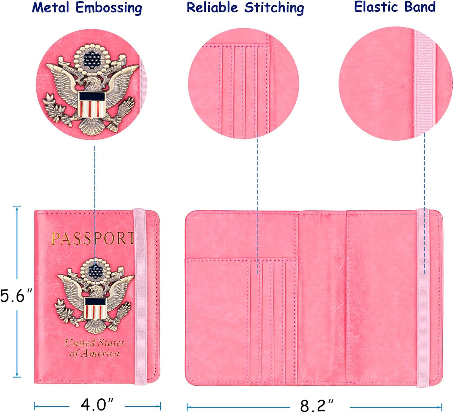 TOURSUIT RFID Blocking Passport Holder for Women Men, Leather Passport Travel Wallet with 3D Metal Badge, Travel Document Holder Cover Accessories (Pink)