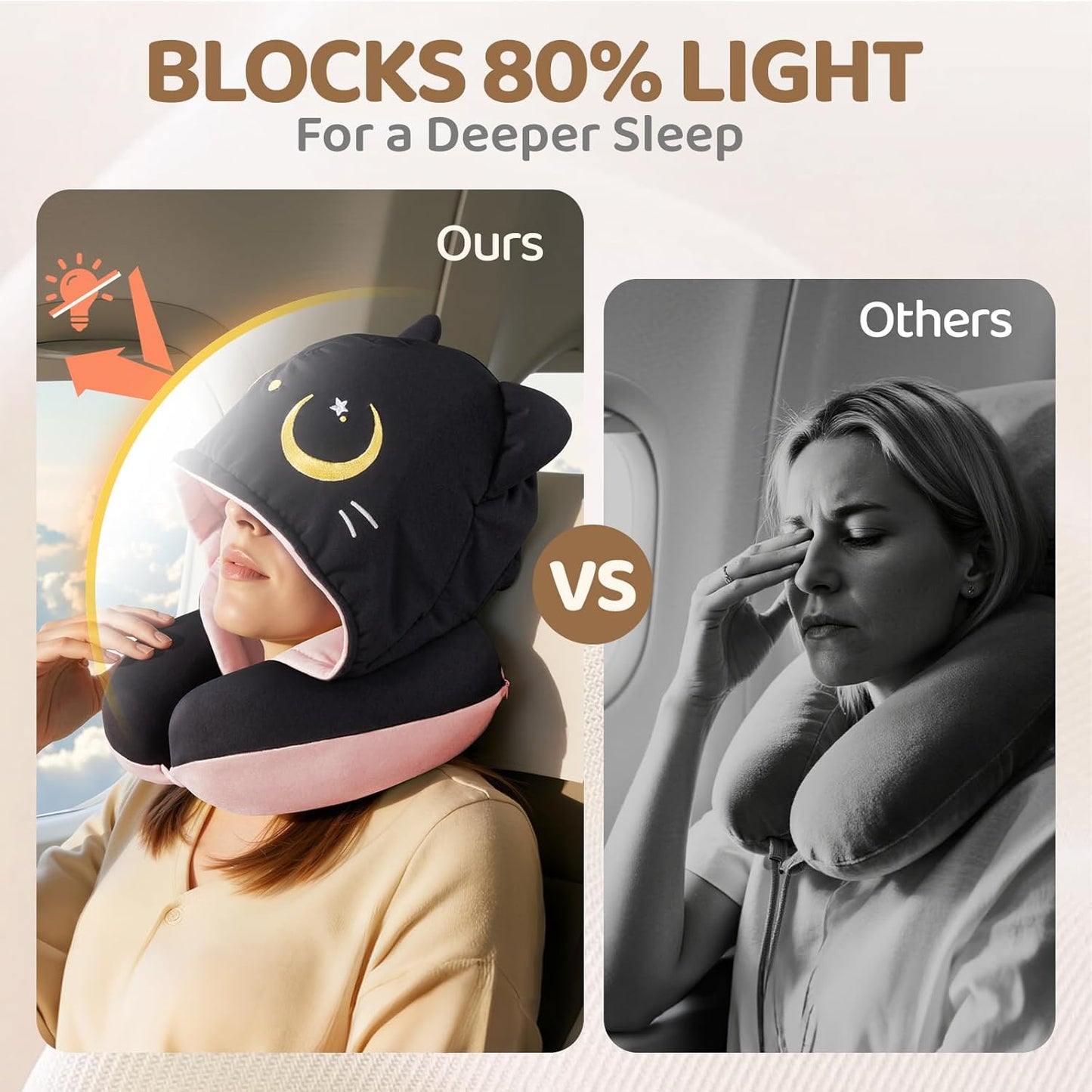 Mewaii Travel Neck Pillow with Hood for Airplanes,Memory Foam,Breathable Ice Silk & Soft Velvet,Double-Sided,Removable to Clean,Adjustable Strap,Portable Travel Pillow for Long Flights Adults & Teens
