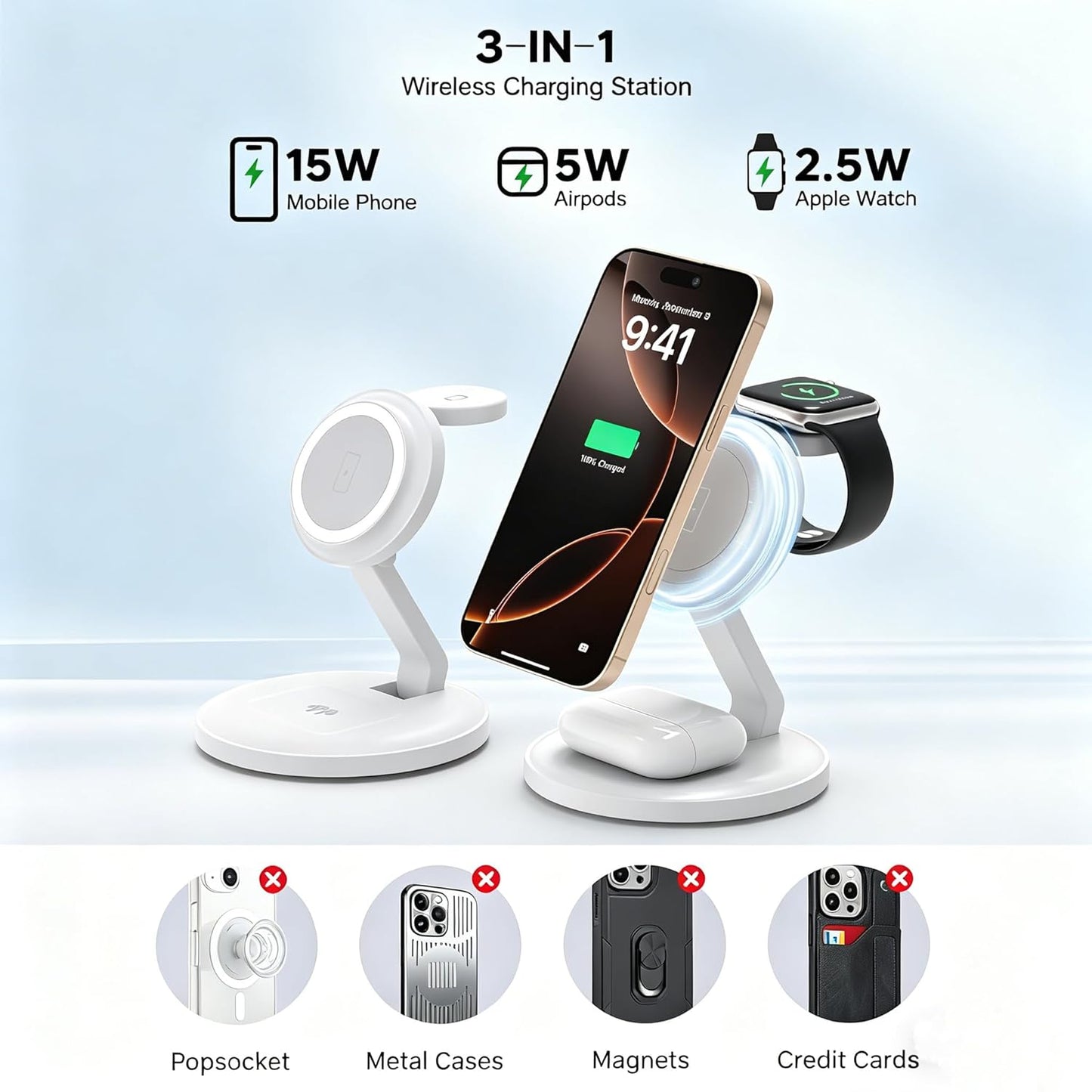 Charging Station for Apple Magnetic Wireless iPhone Mag-Safe Charger,15W 3in1 Foldable Wireless Dock Fast MagSafe Charger Stand for iPhone 17 Pro Max/16 Plus/16 ProMax/15/14/13,Apple Watch,AirPods Pro