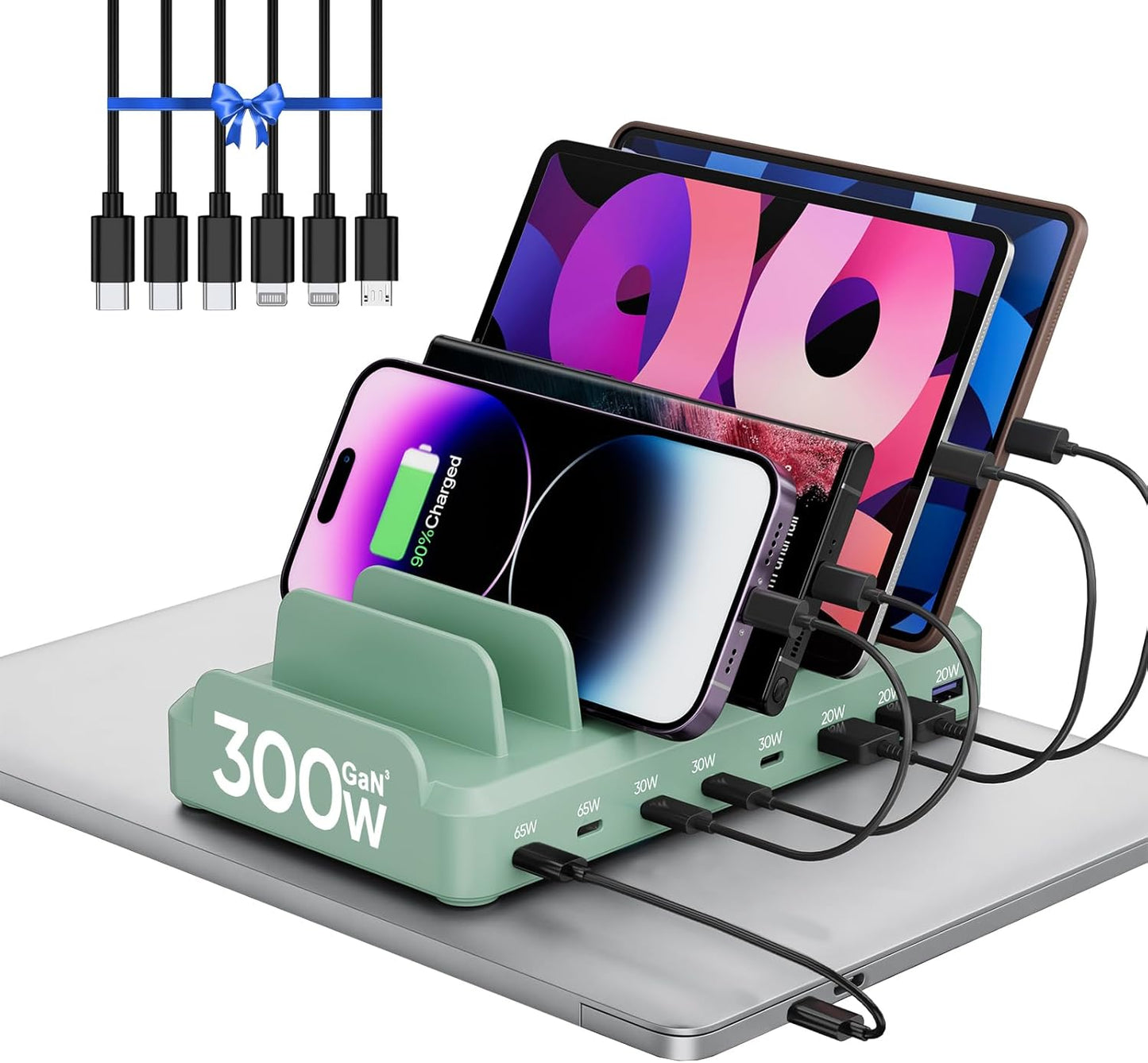 300W Charging Station for Multiple Devices, 8 Port Multi USB C Fast Charger Station Dock for MacBook iPhone 17/16/15/14/13/12 Samsung Pixel Series iPad, Black (6 Mixed Short Cables Included)