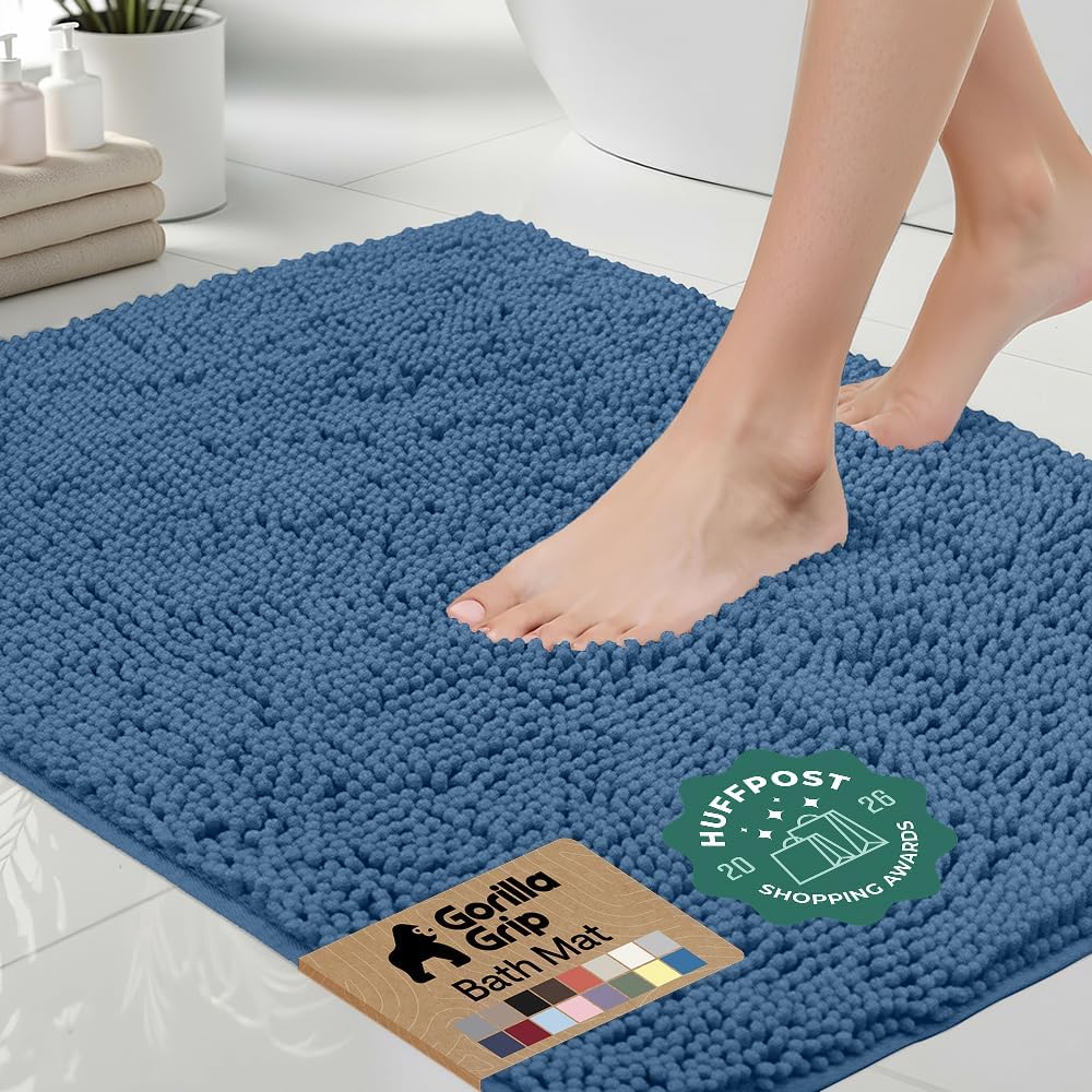 GORILLA GRIP Bath Rug Mat, Thick Soft Absorbent Chenille, Quick Dry Microfiber Mats, Rubber Backing Washable Shower Floor Rugs, US Designed Bathroom Bathmat Home Decor Accessories, 24x17, Blue