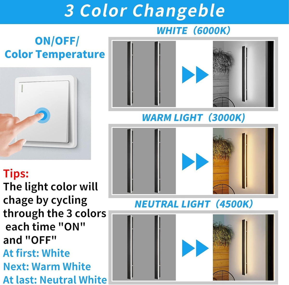 Mikeru 2 Pack 31.4inch Modern Outdoor Wall Sconce, 3000K/4500K/6000K 3 Color Temperature LED Exterior Light Fixtures, Modern Long Porch Lights Wall Sconce for Garage, Doorway, Porch, Patio