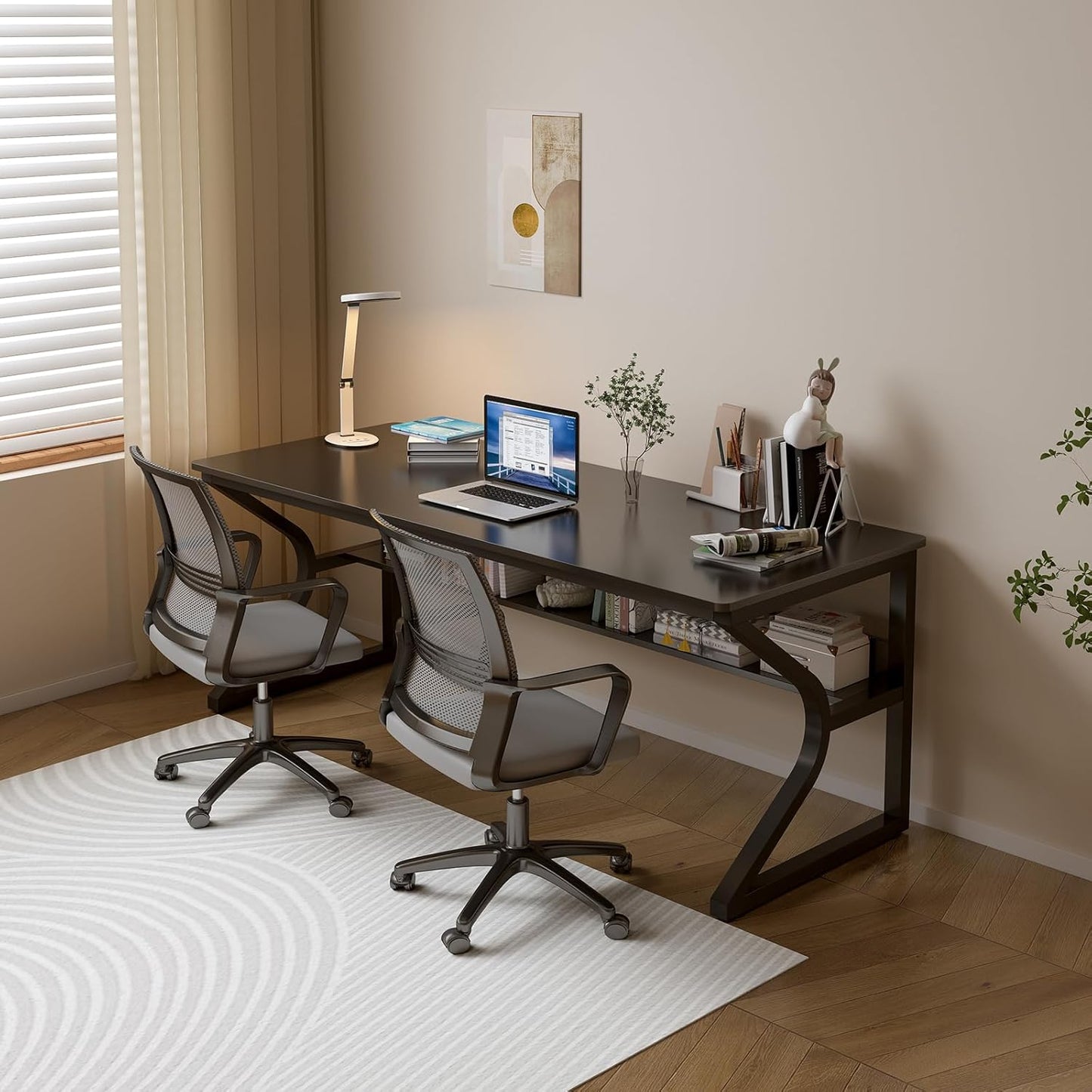 OSCHF Extra Long Desk with Bookshelf - 63" Double Long Writing Table for 2-Person Workstation, Modern Study Work Computer Desk for Home and Office, Black
