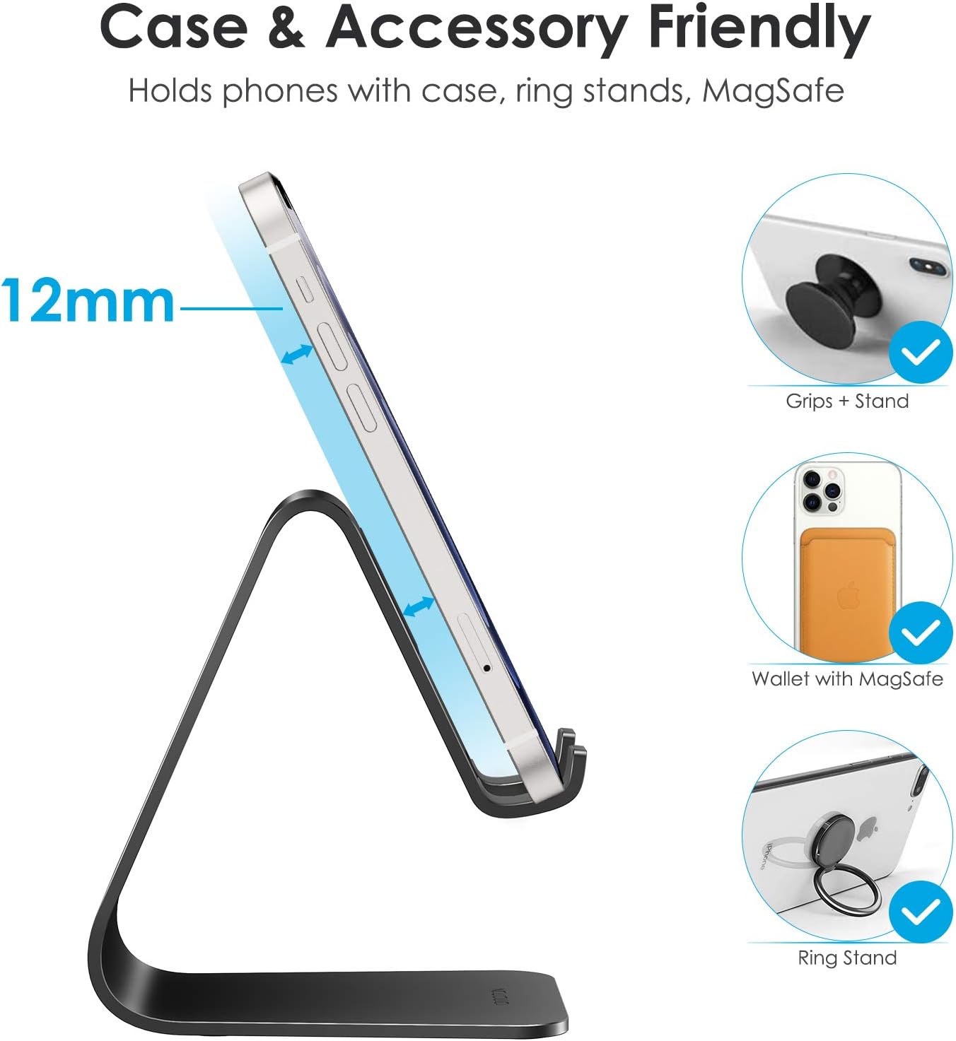 OMOTON Upgraded Aluminum Cell Phone Stand, C1 Durable Cellphone Dock with Protective Pads, Smart Stand Designed for iPhone 17 Air, 16/15/14/13 Pro Max XR XS, iPad mini, Android Phones, Black
