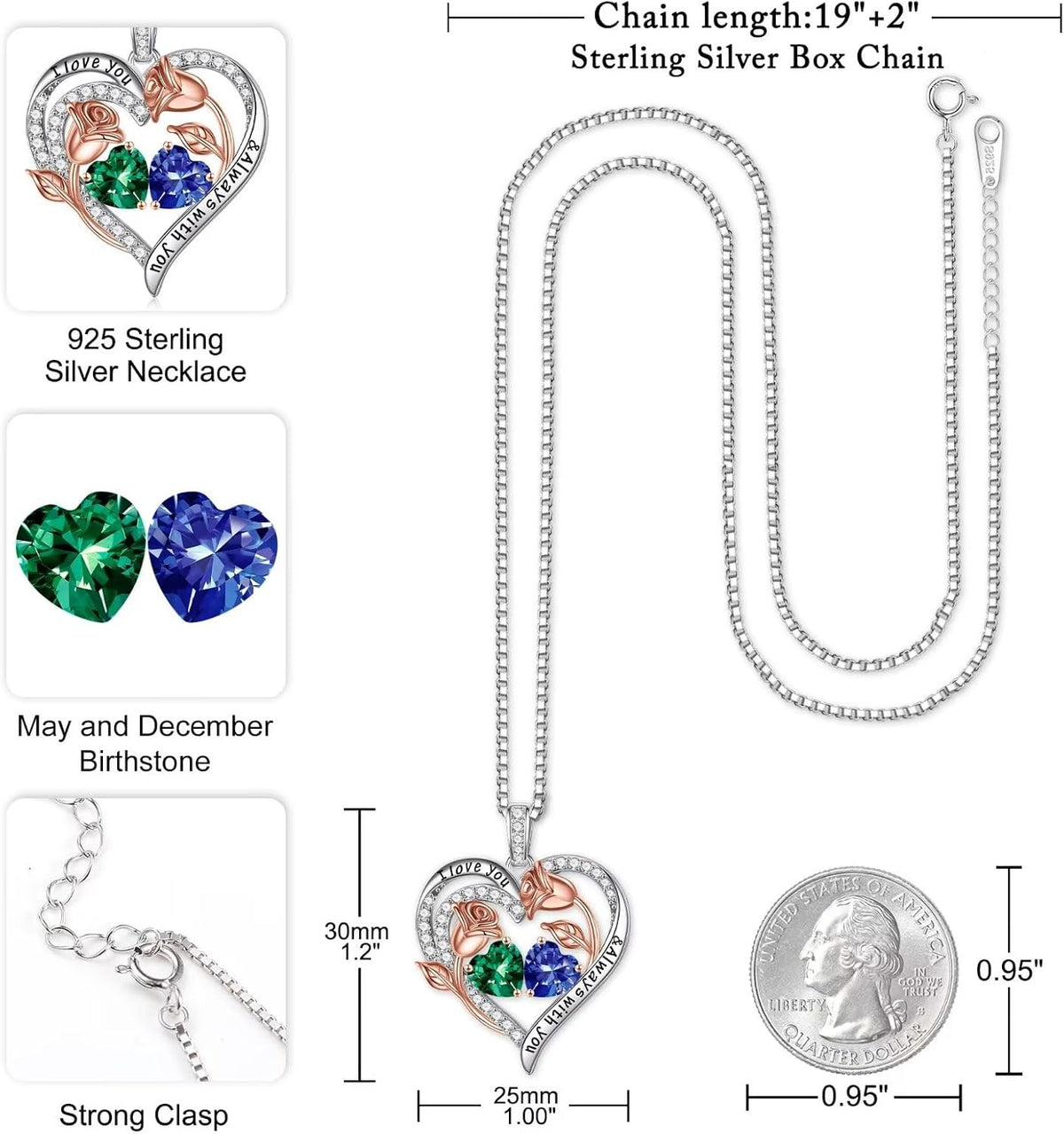 Iefil Birthstone Necklace for Women - Rose Heart Necklace