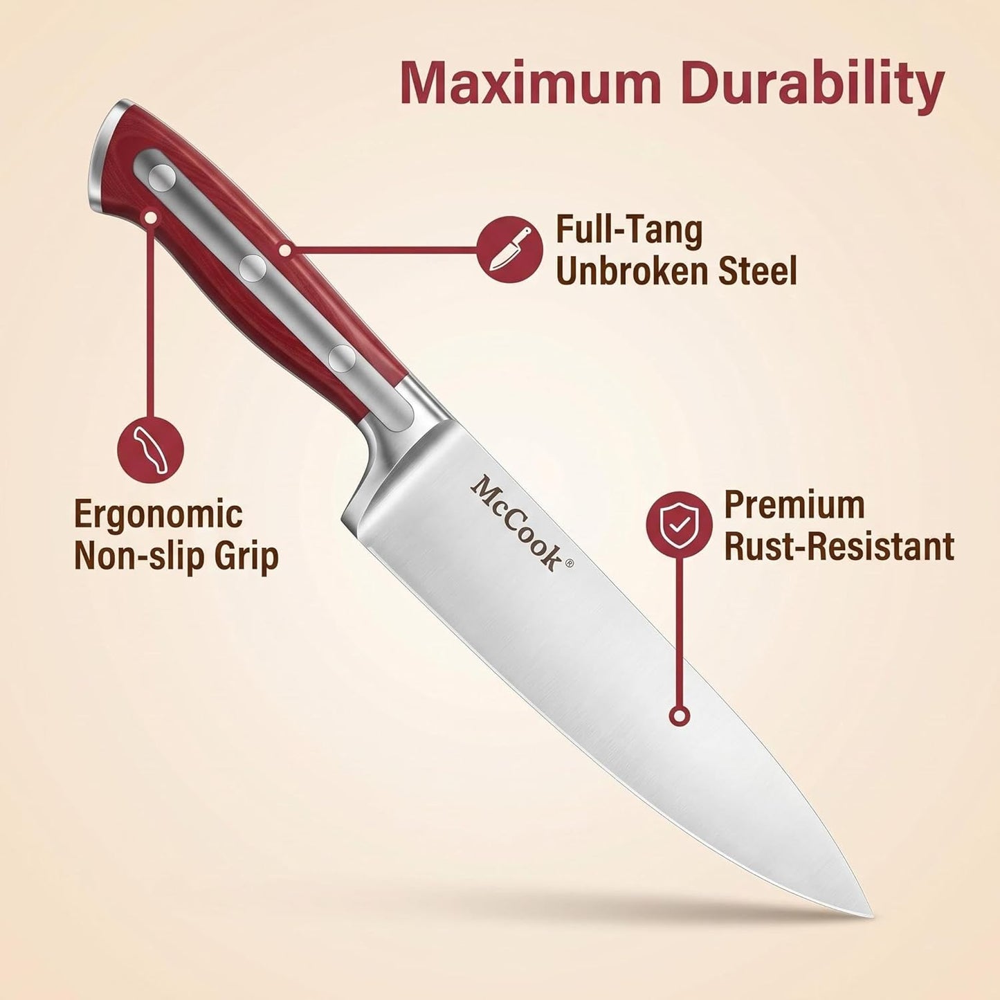 McCook® Stainless Steel Kitchen Knife Sets with Wooden Block, Kitchen Scissors and Built-in Sharpener, Red