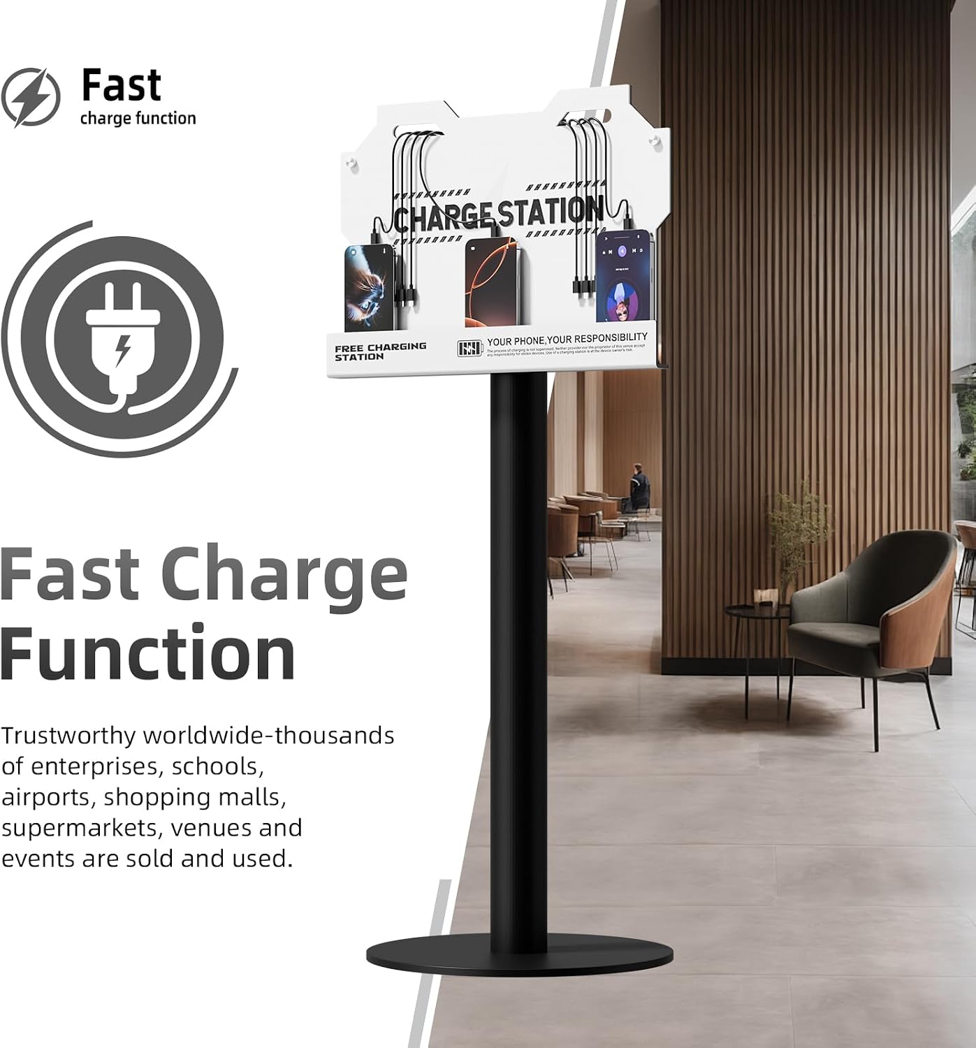 Mechanical Type Wall Mounted Charging Station with 8 PortHigh Speed Cables - Universal Dock for Apple, Type-C & Android Devices, Perfect for Airports, Hotels, Offices, School (White)
