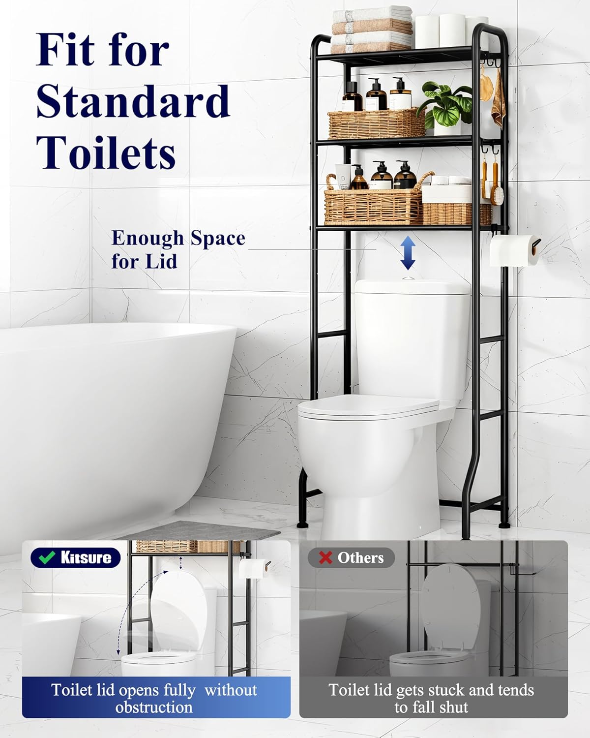 Kitsure Over Toilet Storage Rack - Metal Over Toilet Bathroom Organizer Shelf, Over the Toilet Storage Cabinet with Paper Holder and Hooks, Bathroom Cabinet for Laundry, Black, 3 Tiers (63.2" H)