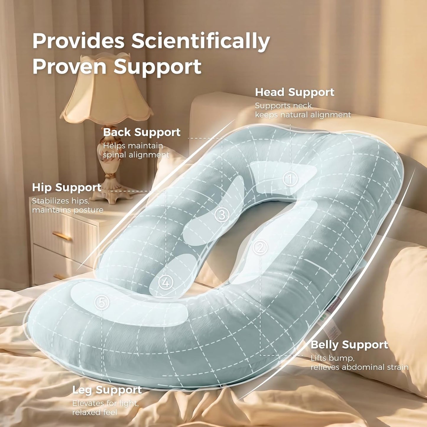 Momcozy Pregnancy Pillows for Sleeping, U Shaped Full Body Maternity Pillow with Removable Cover - Support for Back, Legs, Belly, HIPS for Pregnant Women, 57 Inch Pregnancy Pillow, Cotton Blue