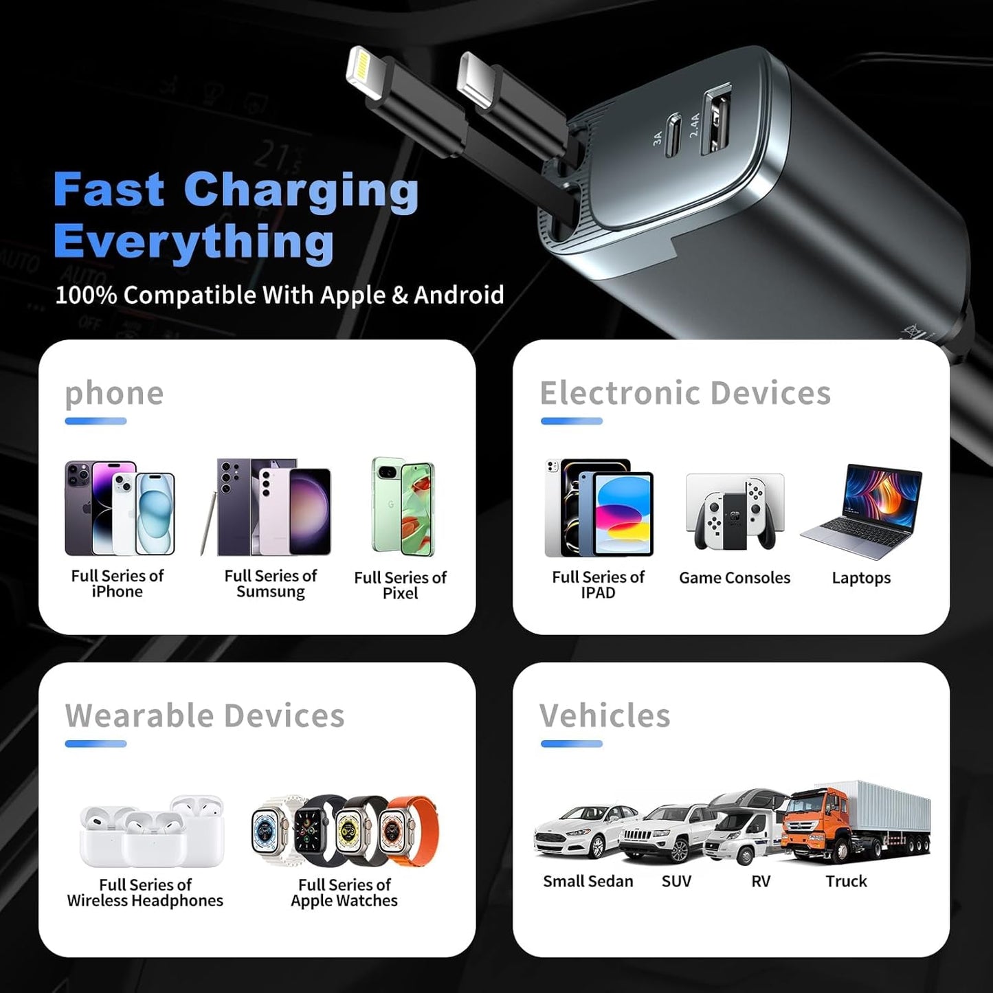 Retractable Car Charger 4 in 1, Car Charger USB C Fast Charge 84W Cigarette Lighter USB Charger, Travel Essentials Car Accessories Gifts for Men Women for iPhone 17 16 15 14 13 12 Pro Max, Samsung