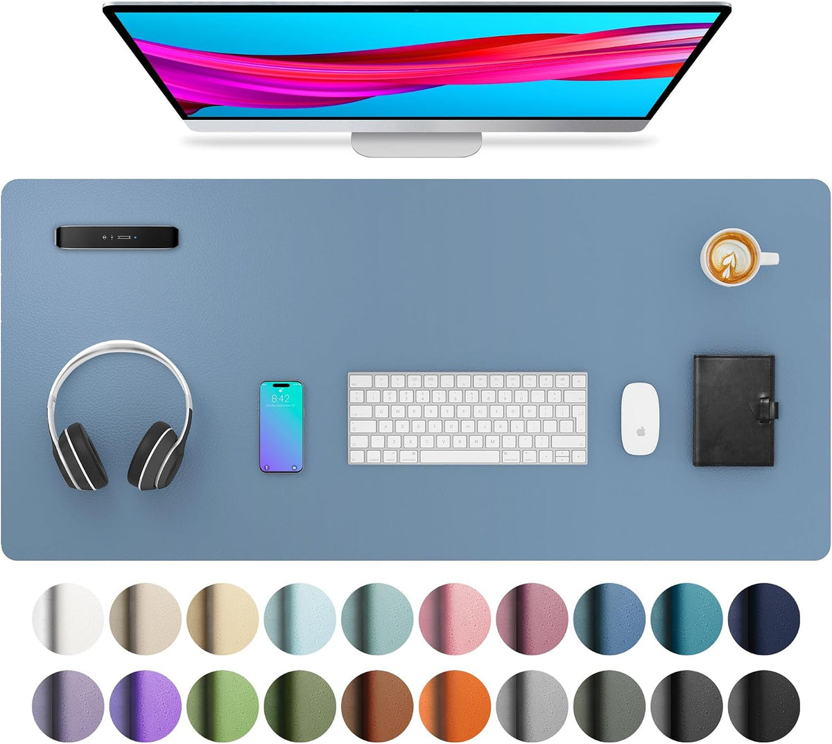 Aothia Leather Desk Pad Protector, Mouse Pad, Office Desk Mat, Non-Slip PU Leather Desk Blotter, Laptop Desk Pad, Waterproof Desk Writing Pad for Office and Home (Denim Blue, 36" x 17")