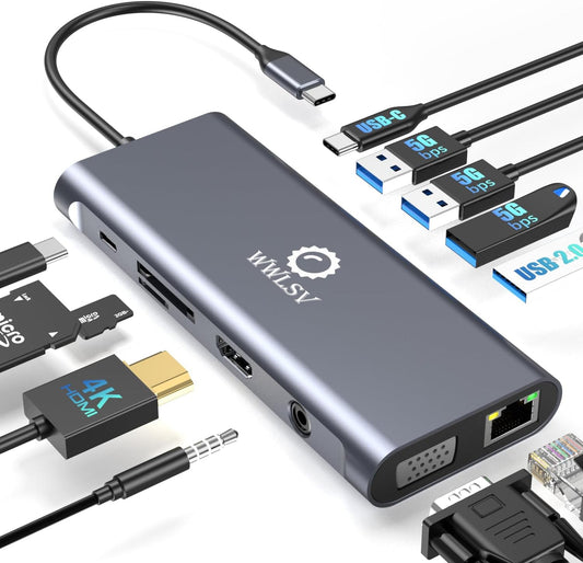 12-in-1 USB C Hub Laptop Docking Station, Dual Monitor Display HDMI 4K@60Hz (Single Display), VGA 1080p (Shared Bandwidth), 100W PD, Ethernet, USB 3.0, SD, Audio, for MacBook, Dell, HP, Lenovo