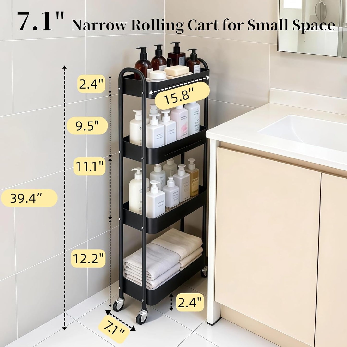 4 Tier Slim Storage Cart with Wheels for Laundry Room Between Washer and Dryer, 7.1'' Narrow Rolling Cart with Wheels and Lockable Casters, Metal Thin Standing Shelf for Small Space, Black