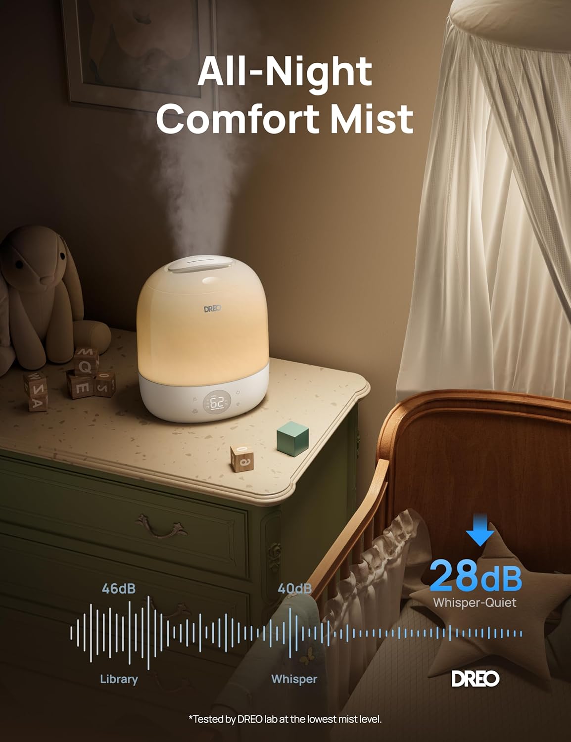 DREO Humidifiers for Bedroom - 30H Max Runtime & RGB Night Light & Sleep Trainer, Ultra Quiet 28dB Cool Mist Humidifier, Top Fill Smart Air Humidifier for Plants, Perfect for Baby & Nursery, HM409S