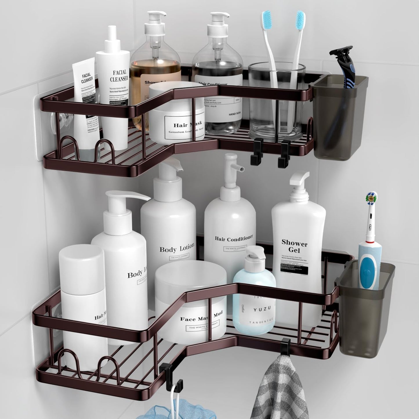 AKTECKE Shower Caddy Corner Organizer Shelf: 2Pack Adhesive Shower Essentials Accessories - No-Drilling Stainless Steel Bathroom Storage Rack with Hooks and Toothpaste Holder