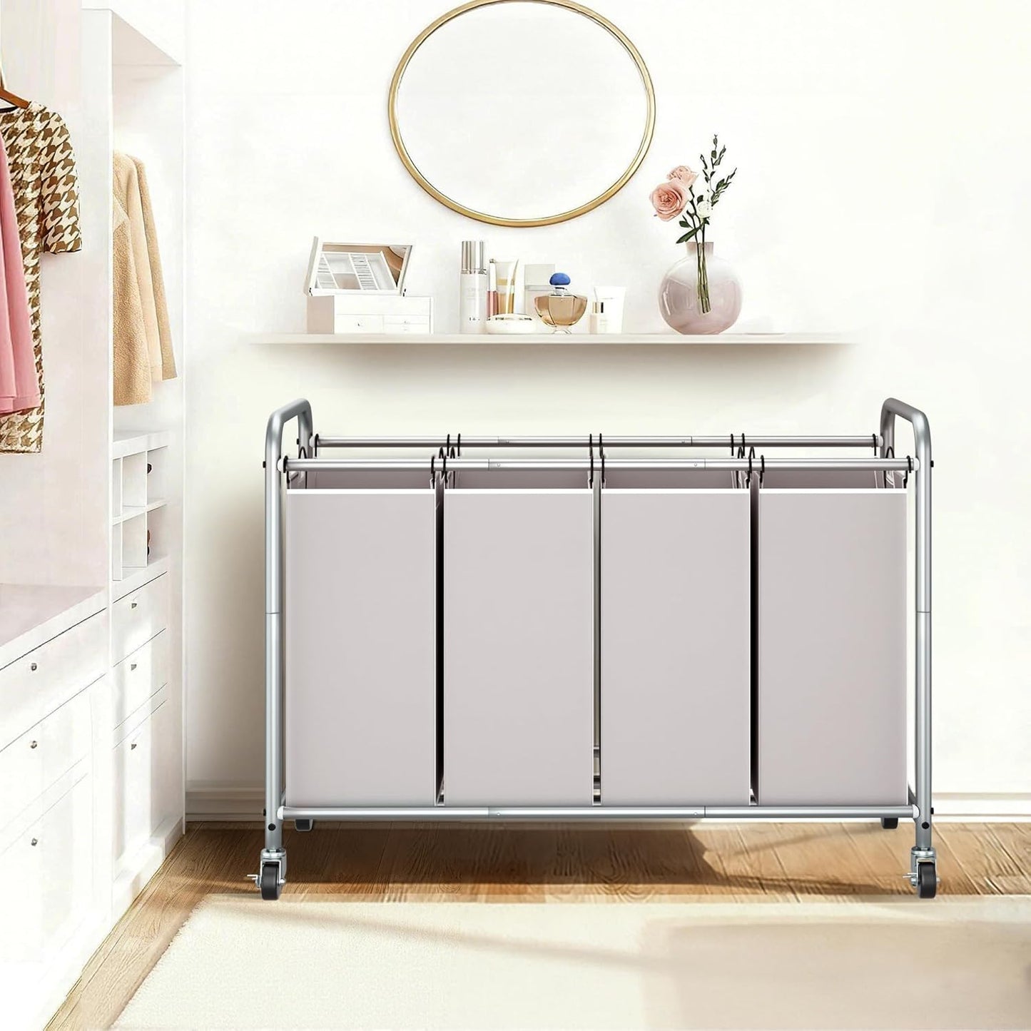 STORAGE MANIAC Laundry Sorter 4 Section, 47.5 Gal (180 L) Laundry Hamper with Wheels, Clothes Divider Basket Sorter, Clothes Separator Hamper Cart with Wheels and Removable Bags, Gray