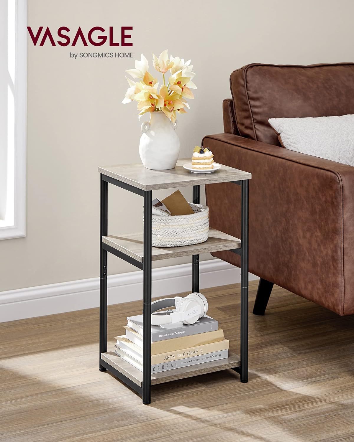 VASAGLE BARNET Collection - Side Table, Small End Table for Living Room, Modern Tall Nightstand, Bedroom, Office, Bathroom, Steel Frame, Heather Greige and Ink Black ULET273B02