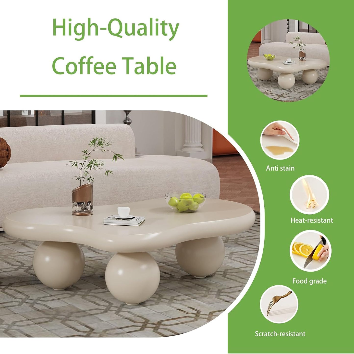 Luxury Cloud Coffee Table (Cloud Brown Cylinder Legs L46.06"W31.1*H15.35) | Irregular Design | Living Room Centerpiece | Holds 330lbs | Stylish & Sturdy
