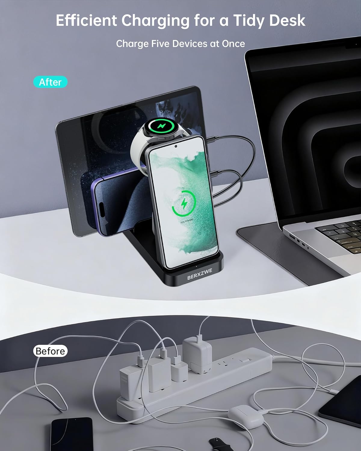 Wireless Charger for Samsung, 5 in 1 Fast Charging Station for Samsung Galaxy Watch 8 7 6 5 4 Galaxy Buds, Charger Dock Stand for S26 Ultra S25 S24-Multi-Device Charger for Samsung Phone Watch Earbuds