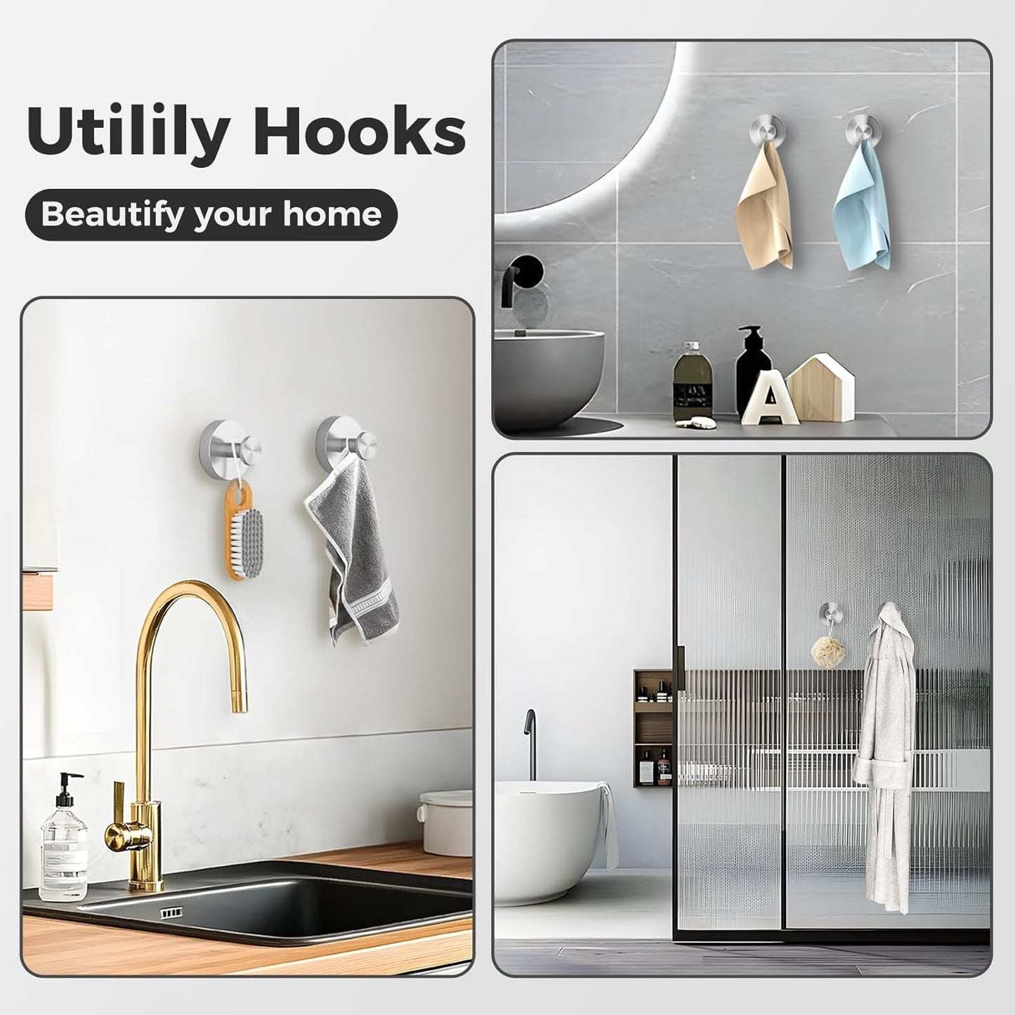 Shower Hooks for Inside Shower,Suction Cup Hooks for Glass Window,Removable Towel Hooks for Bathrooms,4 Packs(Silver)