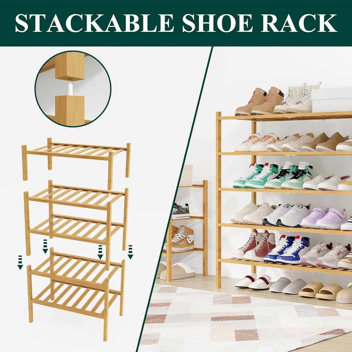 Smiry Bamboo Shoe Rack, 16 Vertical Slats, 4 Tier - 33.7" Wide, Natural