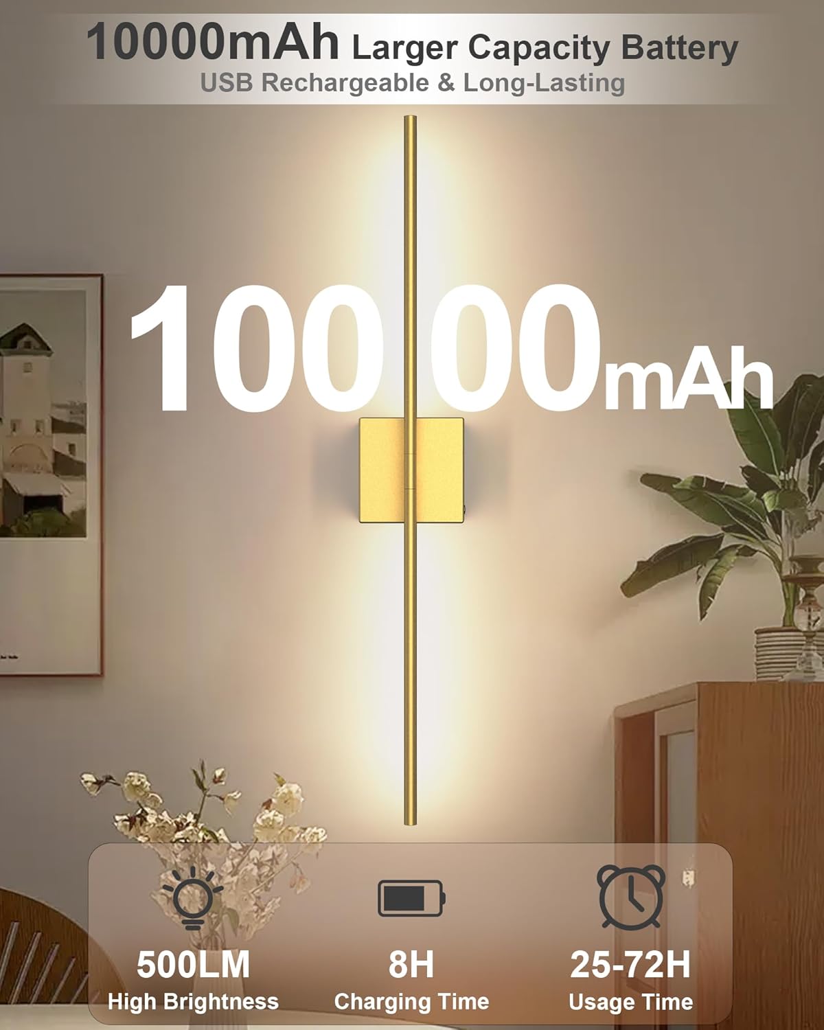 Battery Powered Wall Sconce Set of Two: Gold Wireless Rechargeable Wall Lights with Touch and Remote Control, 360°Rotatable 4CCT Dimmable Cordless Scone Lighting Decor for TV Wall Bedroom Bathroom