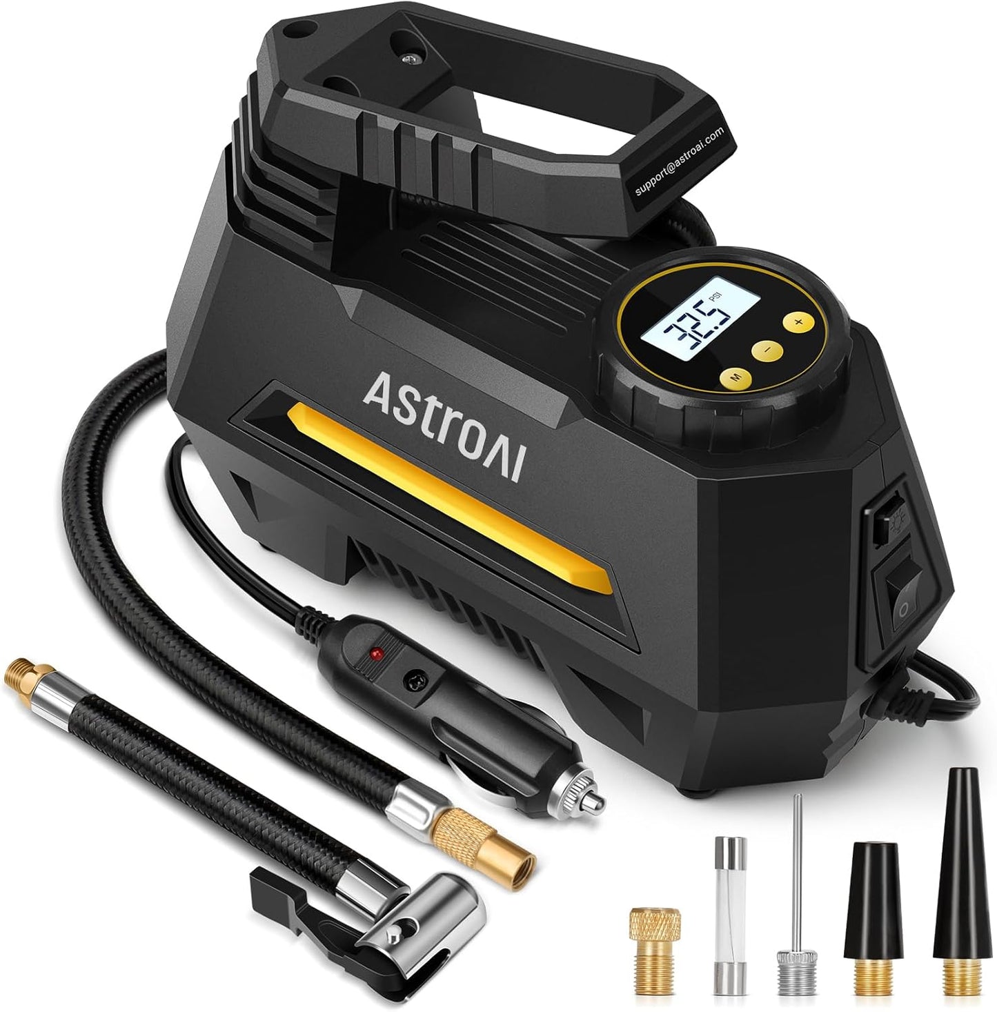 AstroAI AIRUN H Tire Inflator Portable Air Compressor,Fast Inflation Electric Air Pump for Car Tires-Car Accessories,9.8Ft Cord-12VDC-Powered Auto Shut-Off with Digital Pressure Gauge,LED Light,Yellow