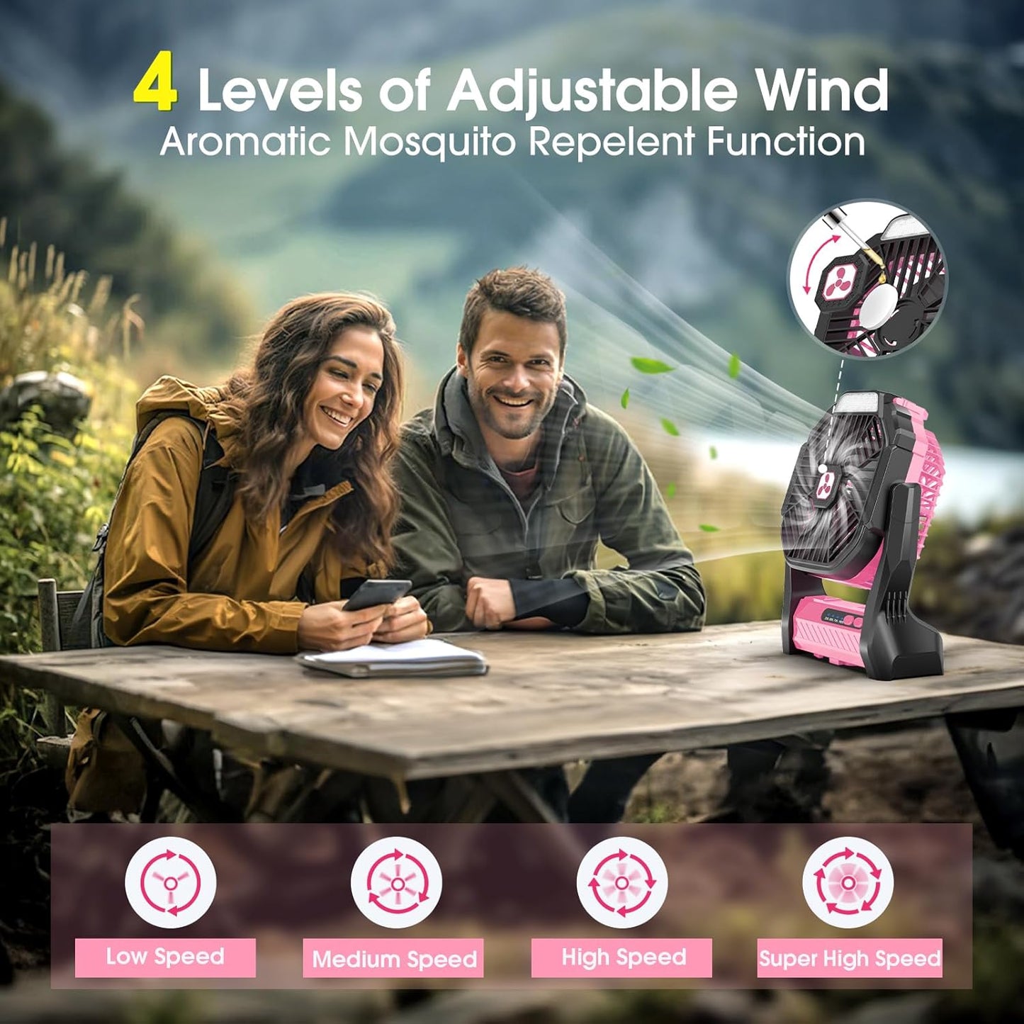 Peouix Portable Rechargeable Fan, 20000mAh Cordless Battery Powered Camping Tent Fans with LED Lantern, Small USB C Operated Outdoor Ventiladores for Travel Camp Fishing Office Home Essentials