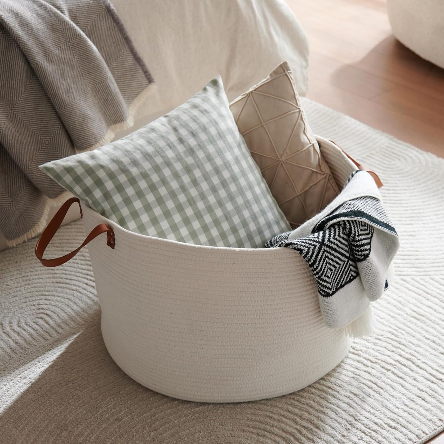 Luxury Little Extra Large Nursery Storage Basket, 22 x 22 x 14 inches - 100% Cotton Rope Baskets with Handles, Laundry Basket for Toys, Blankets & Pillows - Off White with Leather Handles