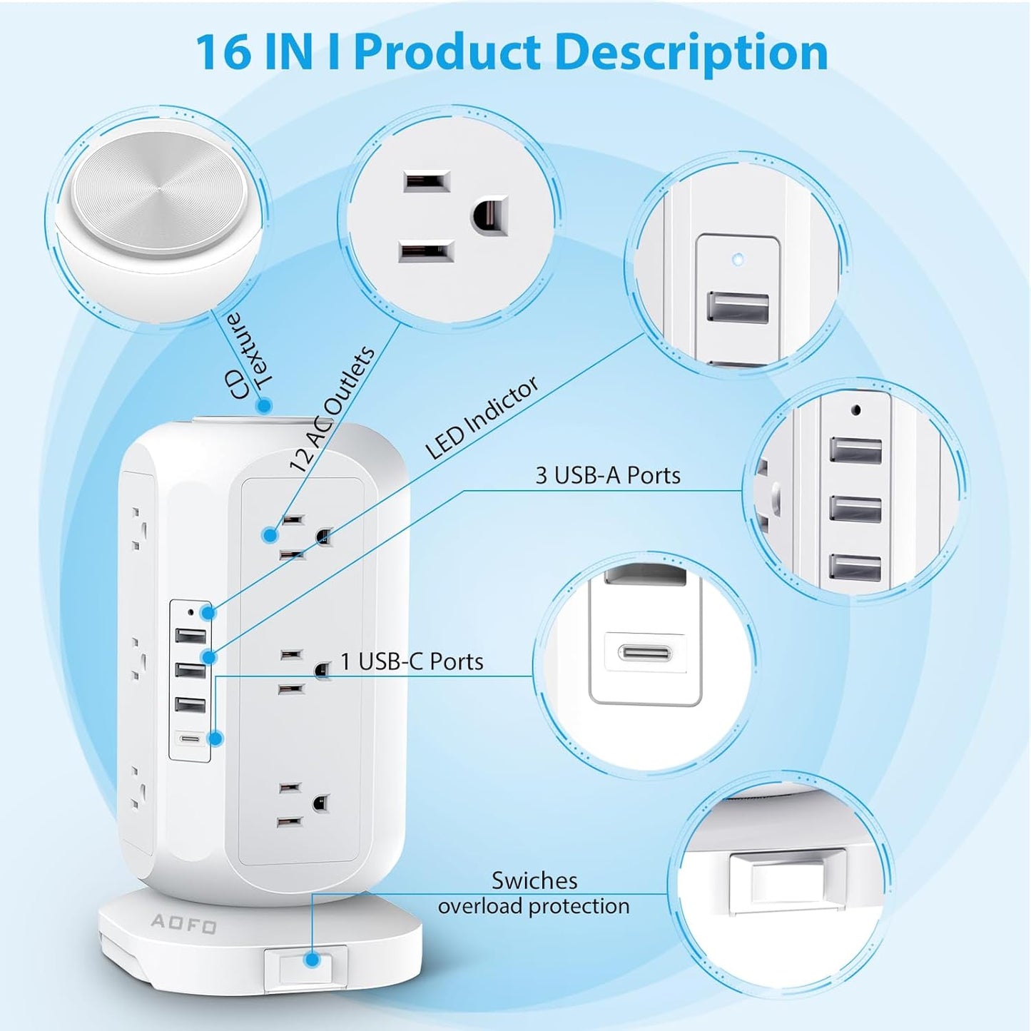 Tower Power Strip Flat Plug with 12 Outlets 4 USB(1 USB C),AOFO Power Strip Charging Station with Overload Protection, Widely Spaced Multiple Outlets 10Ft Extension Cord for Home, Dorm,Office