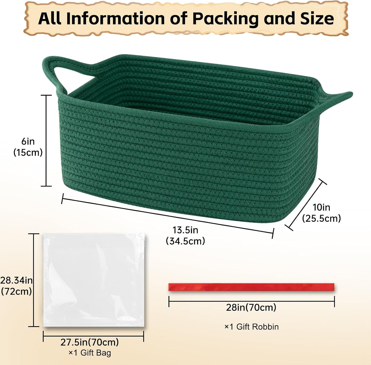 OIAHOMY Woven Basket, Gift Basket Empty with Gift Bags and Ribbons, Rope Baskets for Baby Showers, Storage Baskets with Handles for Nursery, Pet Toy Organizer - Green