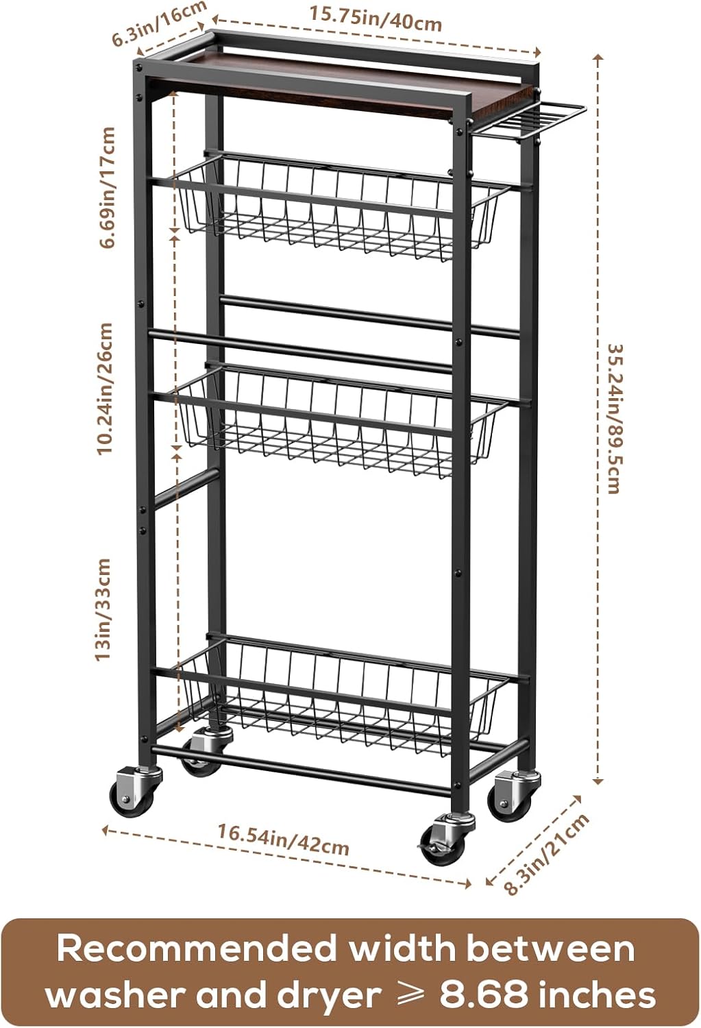 4 Tier Slim Rolling Storage Cart with Pull-Out Baskets, Narrow Sliding Storage Slim Laundry Rolling Cart Between Washer and Dryer