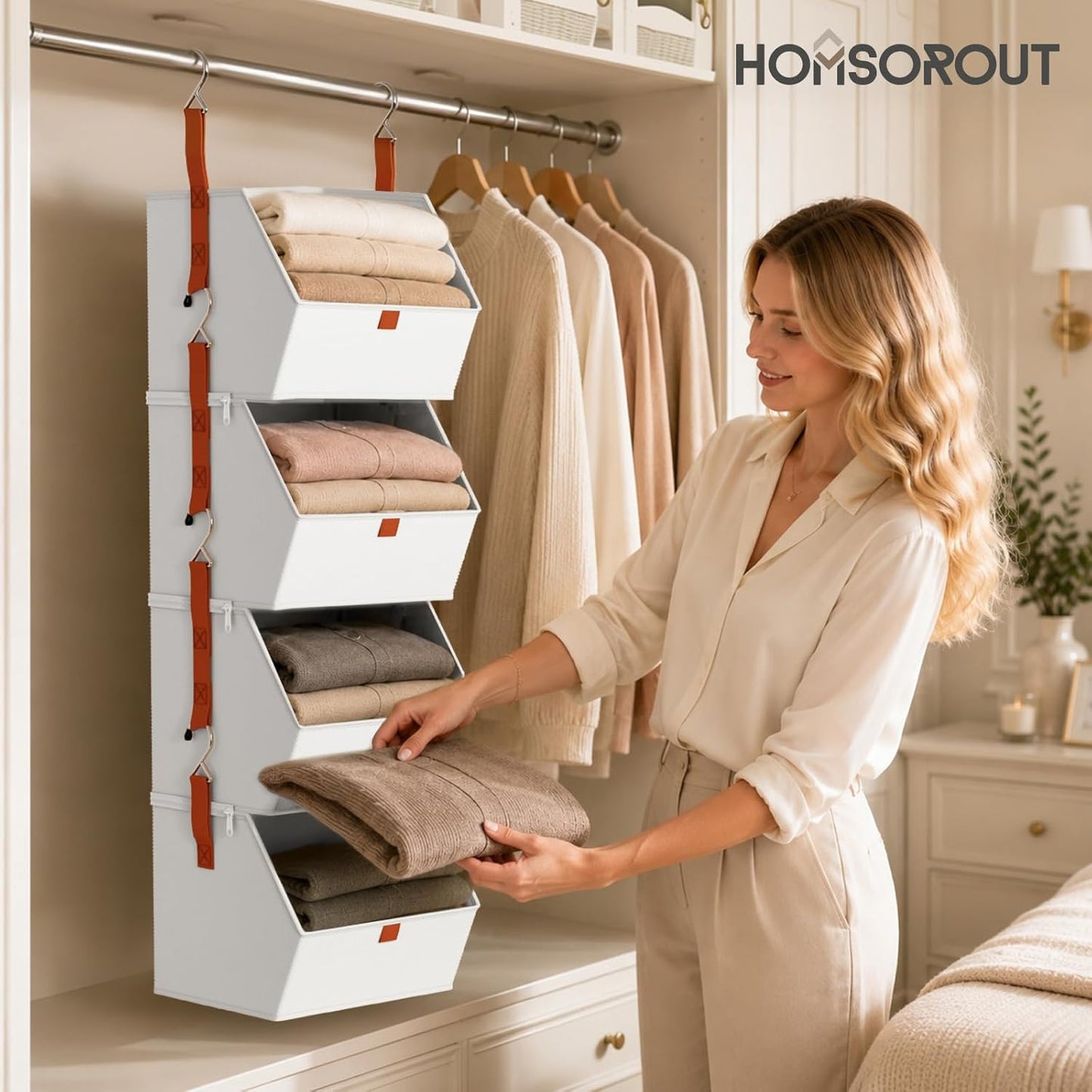 Homsorout Hanging Closet Organizer 4 Tier - Clothes Hanging Shelves, Space-Saving Closet System, Fabric Storage Bins Bedroom Organization, Collapsible Baskets for Home, Dorm, Rv, White