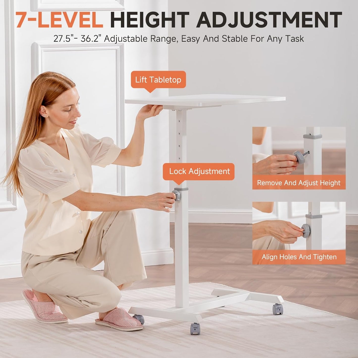 GTPLAYER Small Standing Desk, 24 Inches Mobile Rolling Laptop PC Table with Lockable Casters, Adjustable Height Overbed Bedside Table Computer Workstation for Home Office, White-Fixed