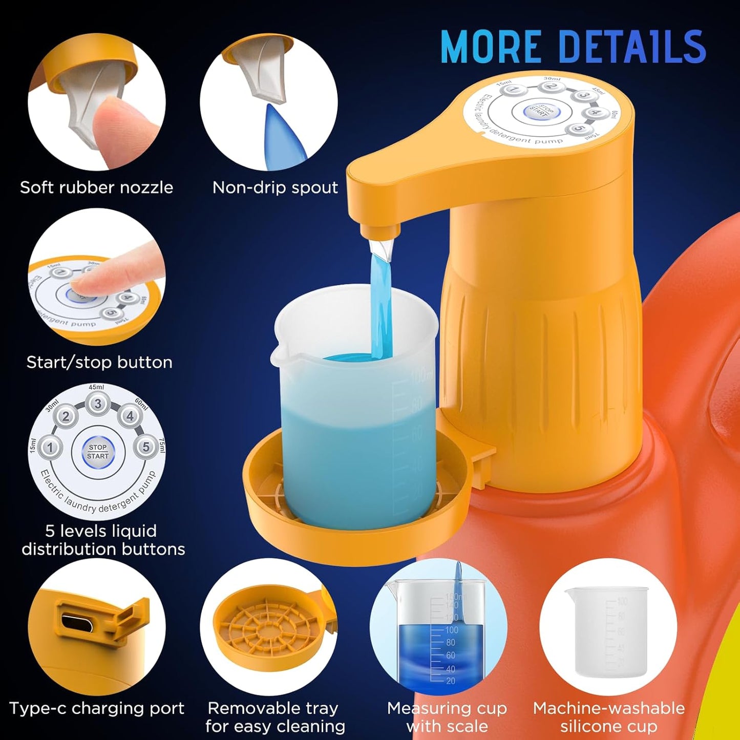 Arlion Detergent Dispenser, Auto Laundry Detergent Dispenser with Silicone Washable Laundry Measuring Cup Graduated Cup, No Waste, USB Rechargeable, Ideal for Laundry Room Organization (Yellow)