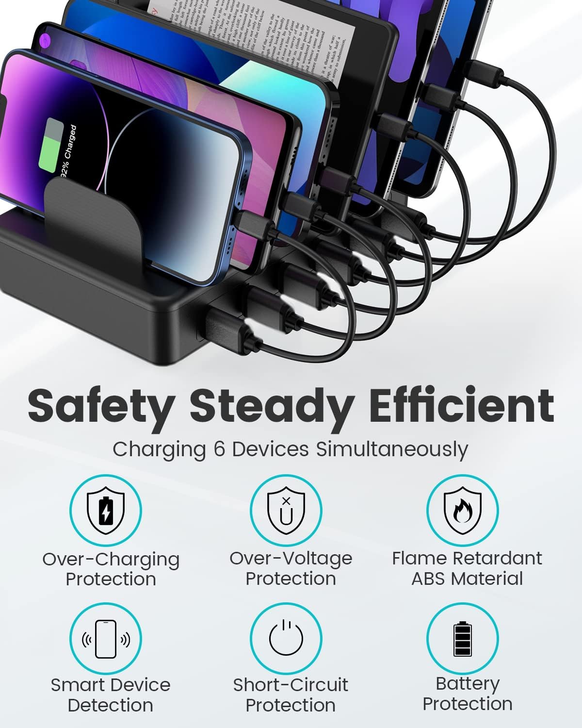 50W 6 Ports Multi Charger Station, USB Charging Dock for Multiple Devices | with 6 Cables, 1 USB-A to USB-C Adapter Converter, Compatible with Cellphone iPad Kindle Tablet and Other Electronic Devices