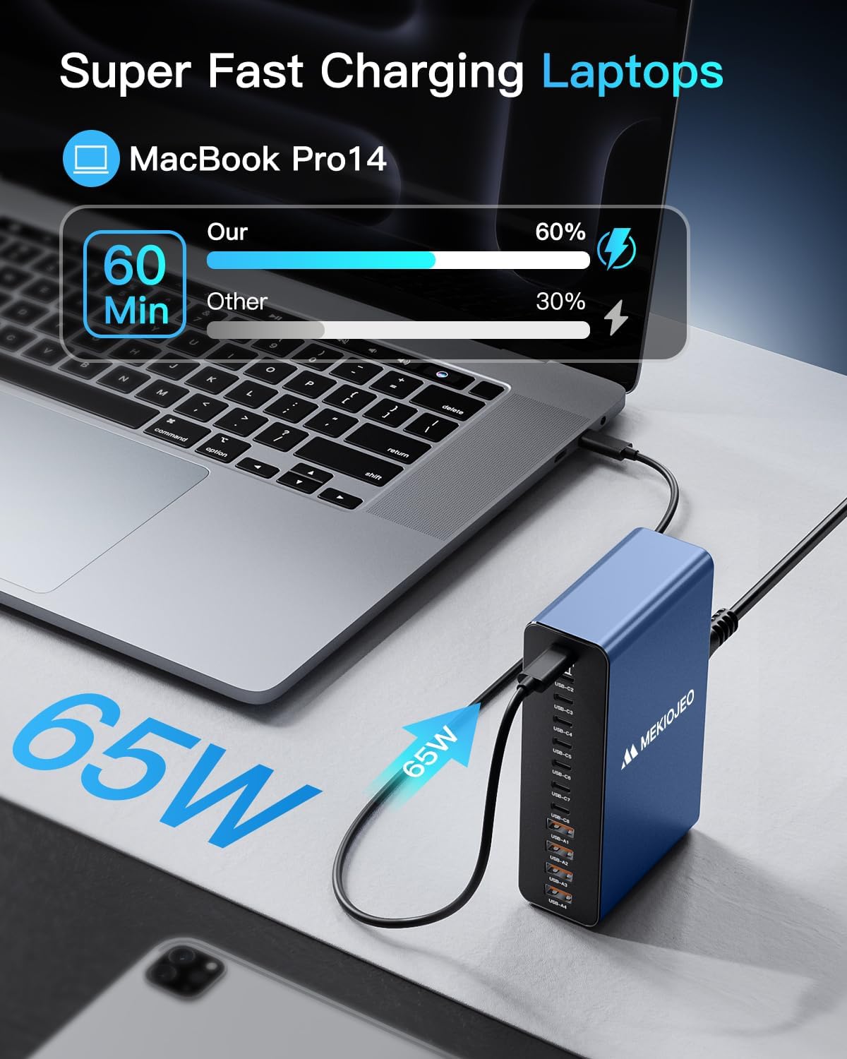 MEKIOJEO 12 Ports Aluminum Alloy 380W Charging Station Fast USB C Charger Block 65W Laptop GaN Charger for MacBook Pro/Air/iPad Pro/iPhone (Blue)
