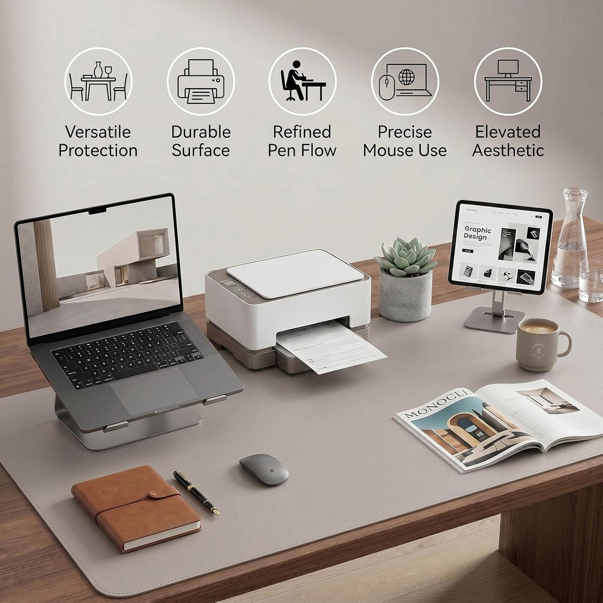 Large Desk Pad Non-Slip Desk Mat Protector for Keyboard Mouse Waterproof Vegan Leather Surface Faux Leather Laptop Mat Smooth Mouse Pad Premium Gift Tube Stone Gray 23.6" x 13.7"