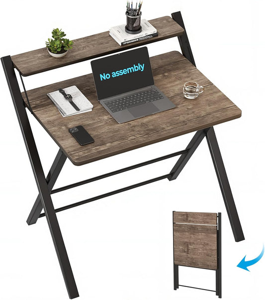 GreenForest No Assembly Folding Desk, 2-Tier Compact Computer Desk with Shelf, Space Saving Foldable Table for Home Office, Dorm or Apartment, Portable Collapsible Sturdy Laptop Desk, Brown