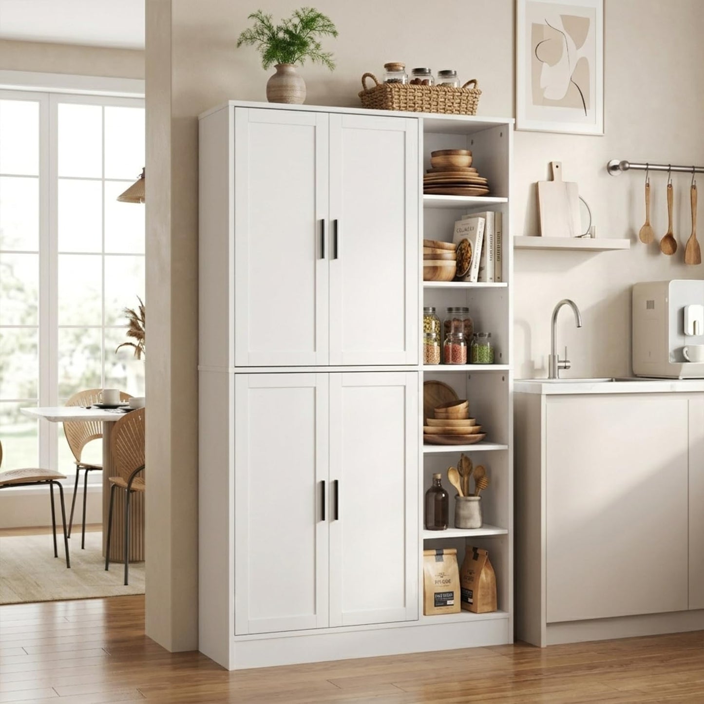 holzart 63" Tall Kitchen Pantry Cabinet, Freestanding Dining Room Storage Hutch with 4 Doors and Adjustable Shelves, Modern Utility Cupboard for Coffee Bar and Microwave, White
