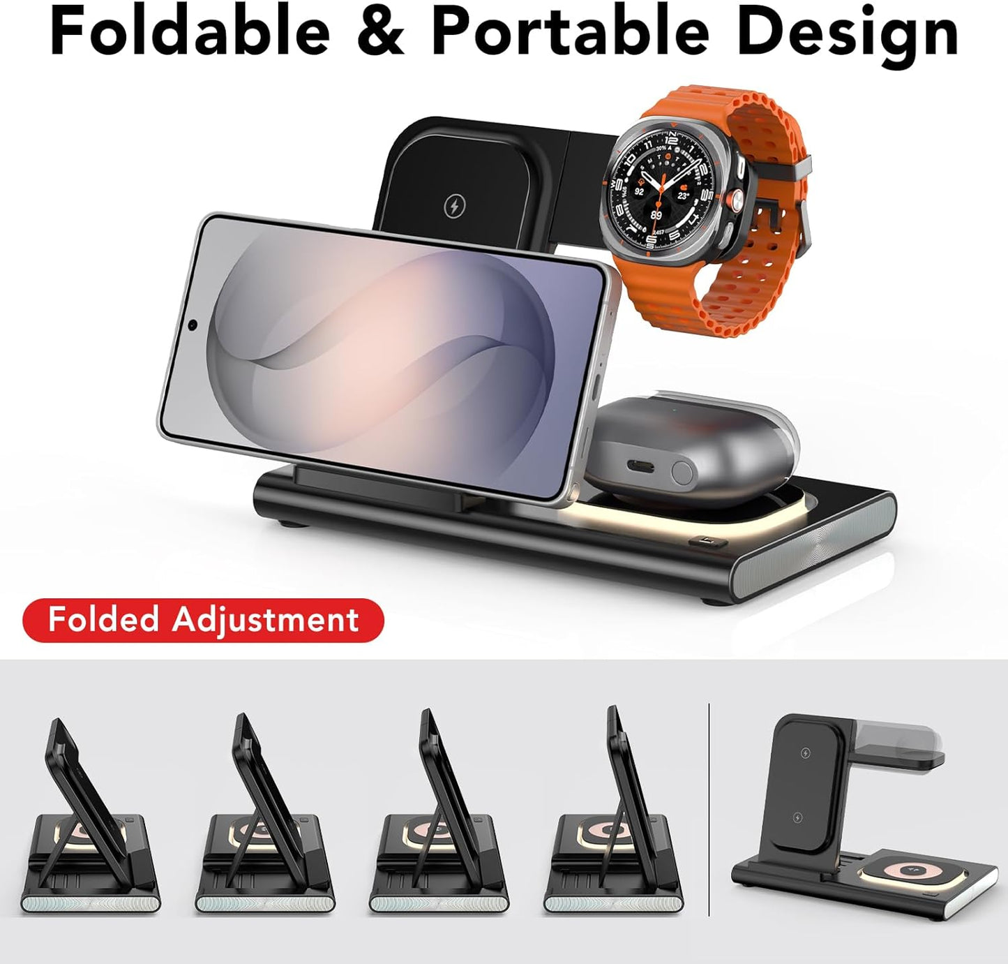 Wireless Charger for Samsung Charger (Foldable & Nightlight),3 in 1 Charging Station for Samsung S26 Ultra/S25/S24/S23/S22/Note20 Z Fold Flip7, Travel Charger for Galaxy Watch 8/7/6/5/4/3/Galaxy Buds4