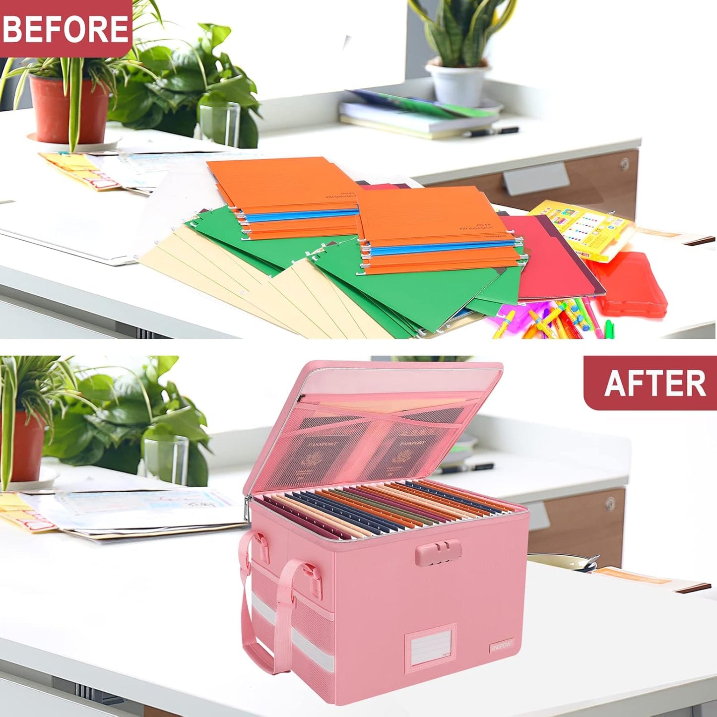 ENGPOW File Box with Lock, Fireproof Document Box with Zipper＆Pockets, Collapsible File Organizer Filing Storage Cabinet with Handle, Portable Home Office Safe for Hanging Letter/Legal Folder, Pink