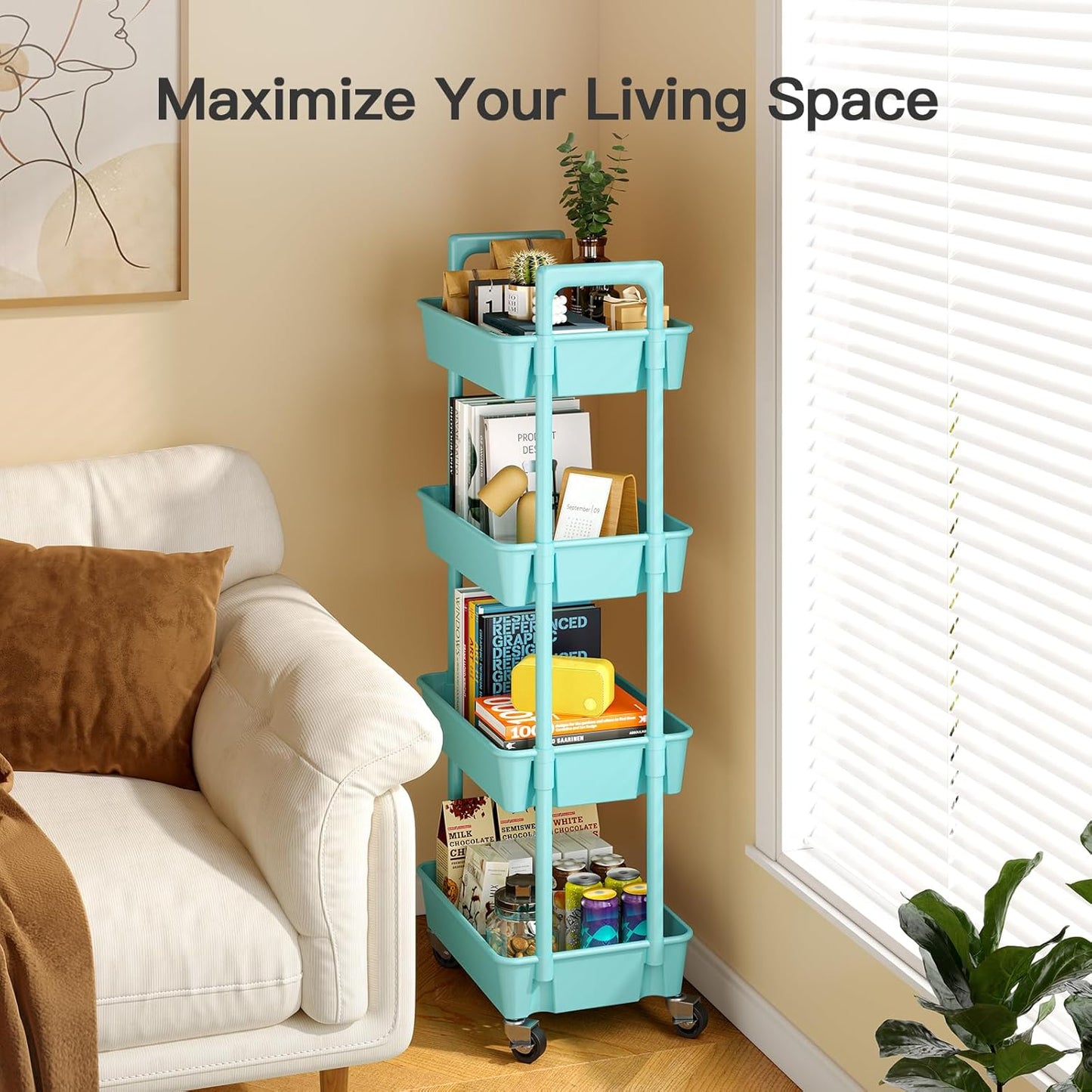 Pipishell 4 Tier Rolling Cart Organizer, Plastic Rolling Cart with Lockable Wheels & Reinforced Handle, Lightweight Utility Storage Cart for Nursery, Kitchen, Craft Room, Turquoise
